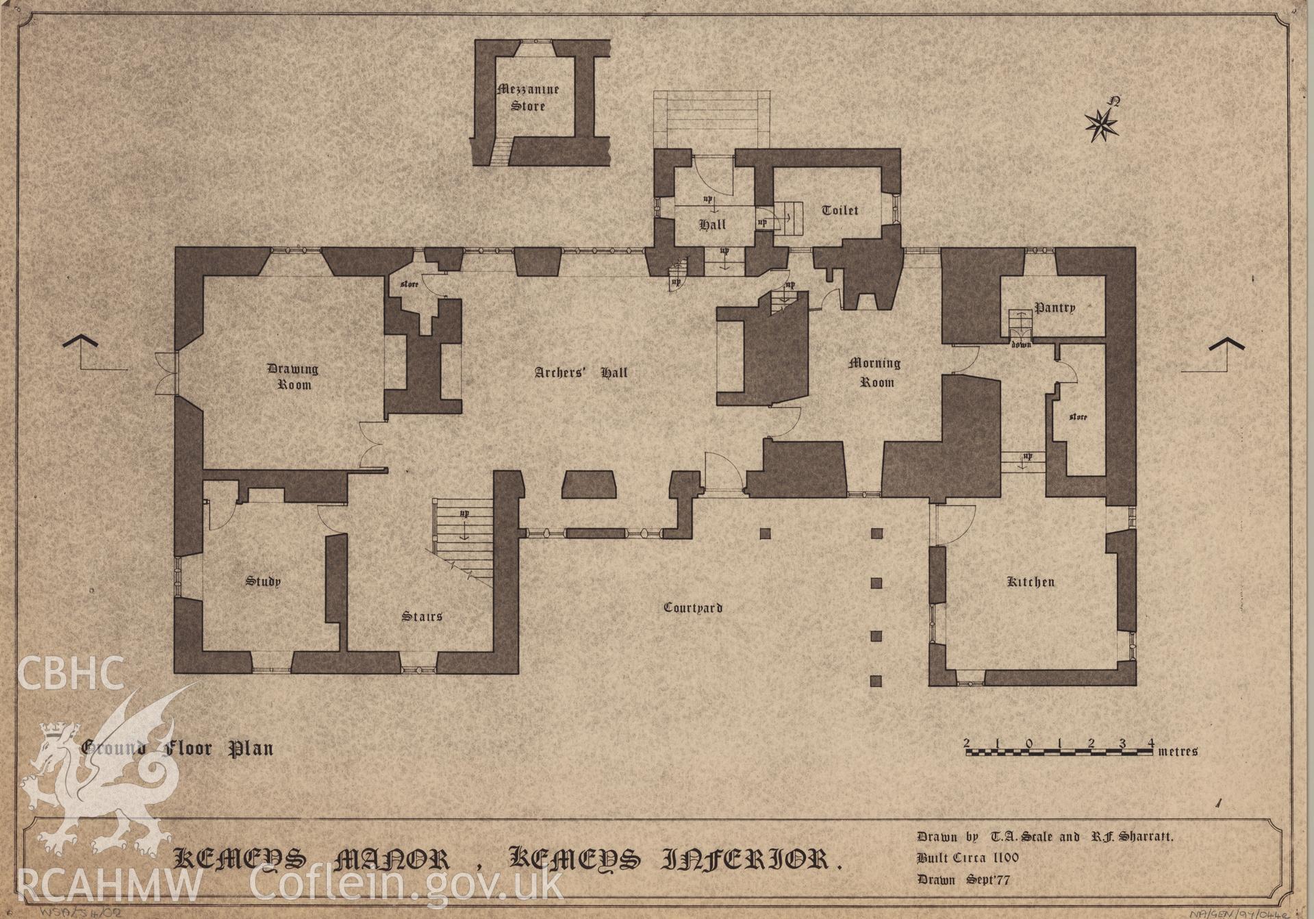 Measured drawing showing ground floor plan of Kemey's Manor, Kemeys Inferior, produced by T.A. Scale and R.F. Sharratt, September 1977.