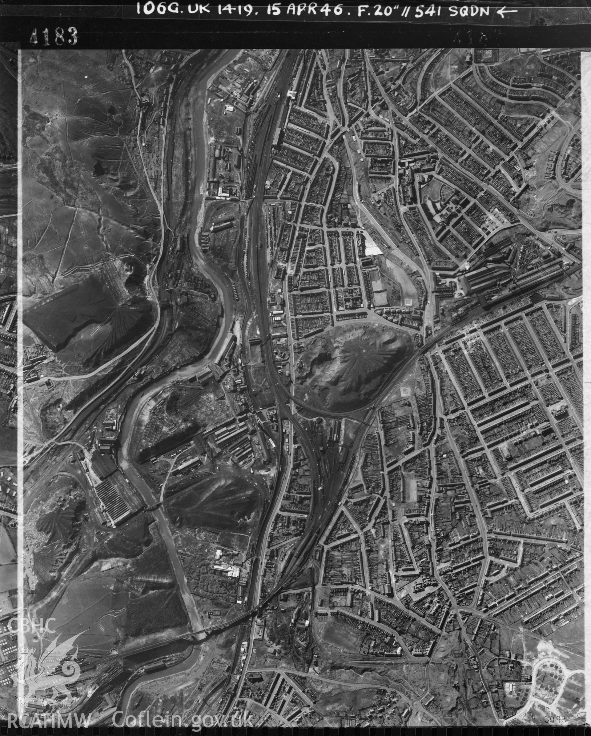 Black and white vertical aerial photograph taken by the RAF on 15/04/1946 centred on SS65649491 at a scale of 1:10000. The photograph includes part of Landore community in Swansea.