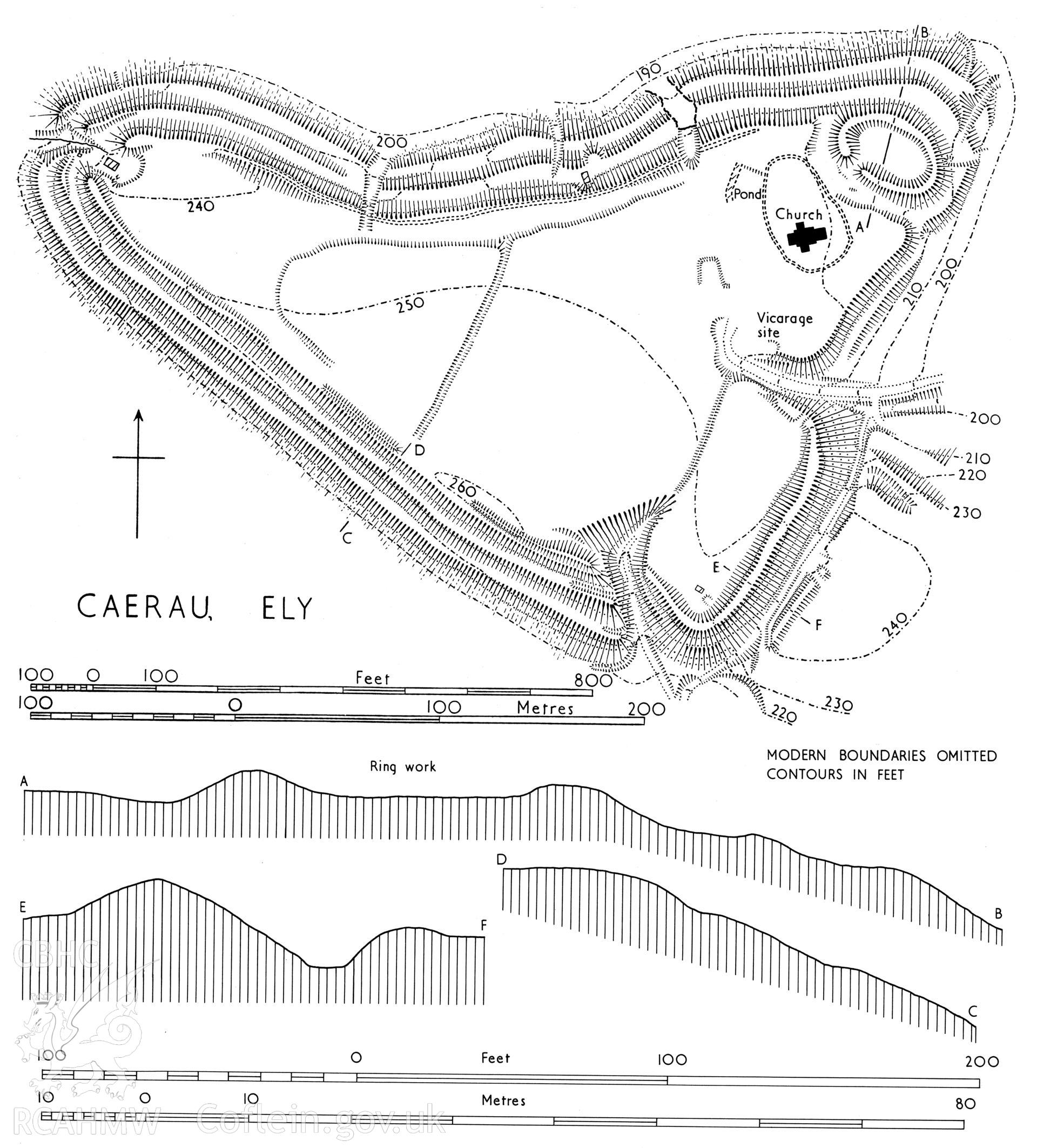 RCAHMW drawing showing plan and section of Caerau, Ely, published in Glamorgan I, ii, fig 23.