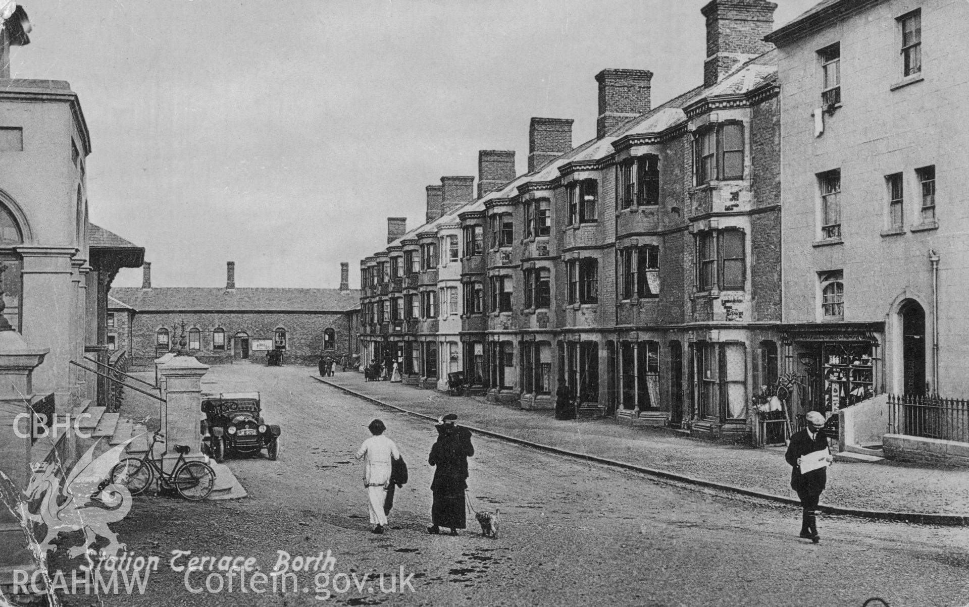 Digital copy of postcard showing Station Terrace, Borth, early 20th century. (Publisher: Valentines).  Loaned for copying by Charlie Downes.