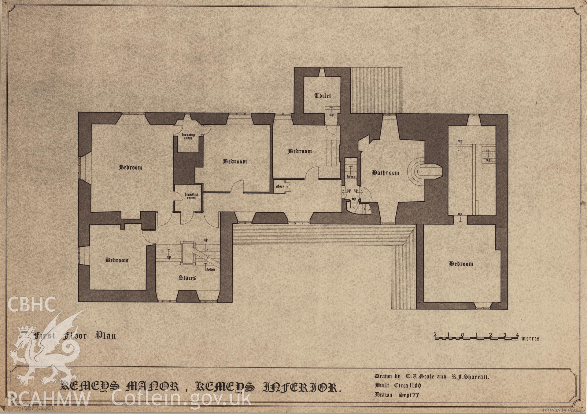 Measured drawing showing first floor plan of Kemey's Manor, Kemeys Inferior, produced by T.A. Scale and R.F. Sharratt, September 1977.
