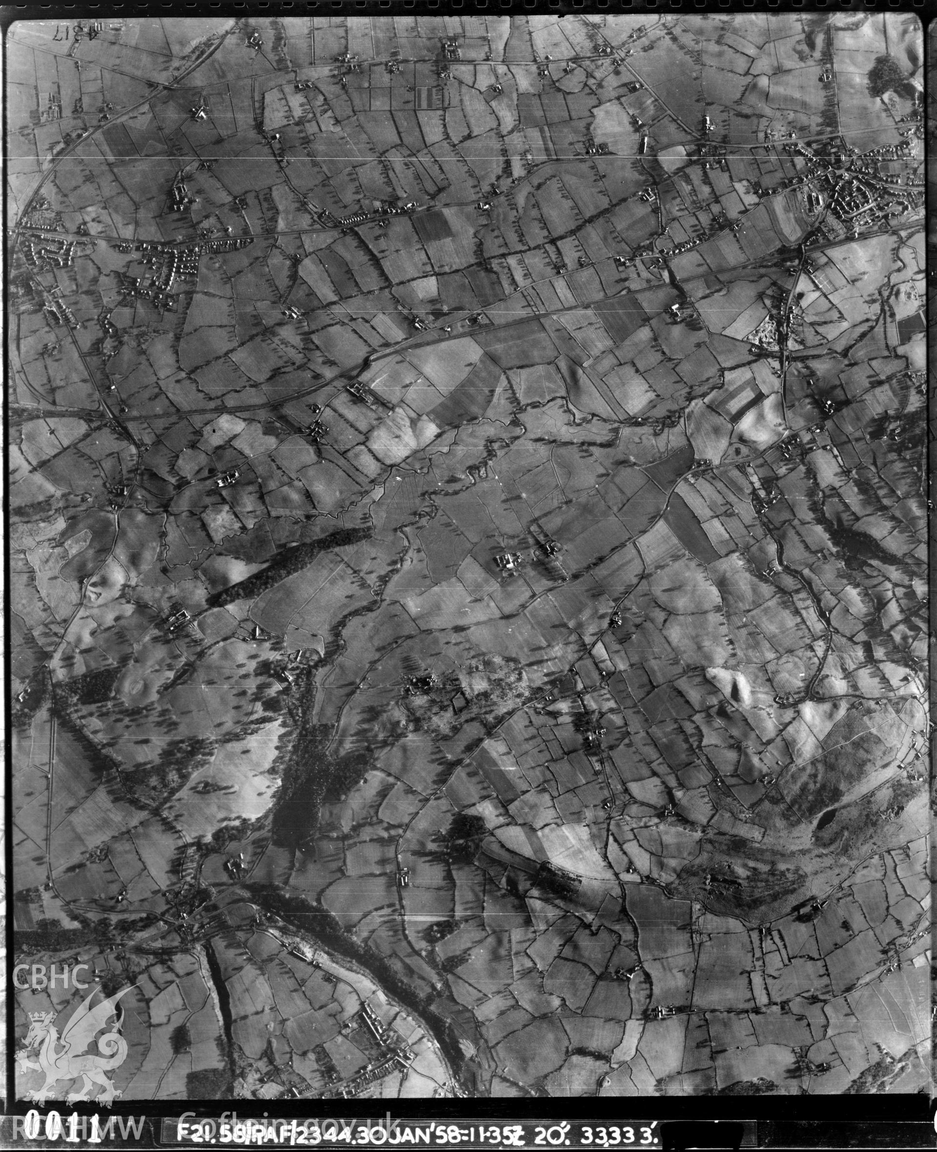 Black and white vertical aerial photograph taken by the RAF in 1958, centred on the area around Plas Teg.