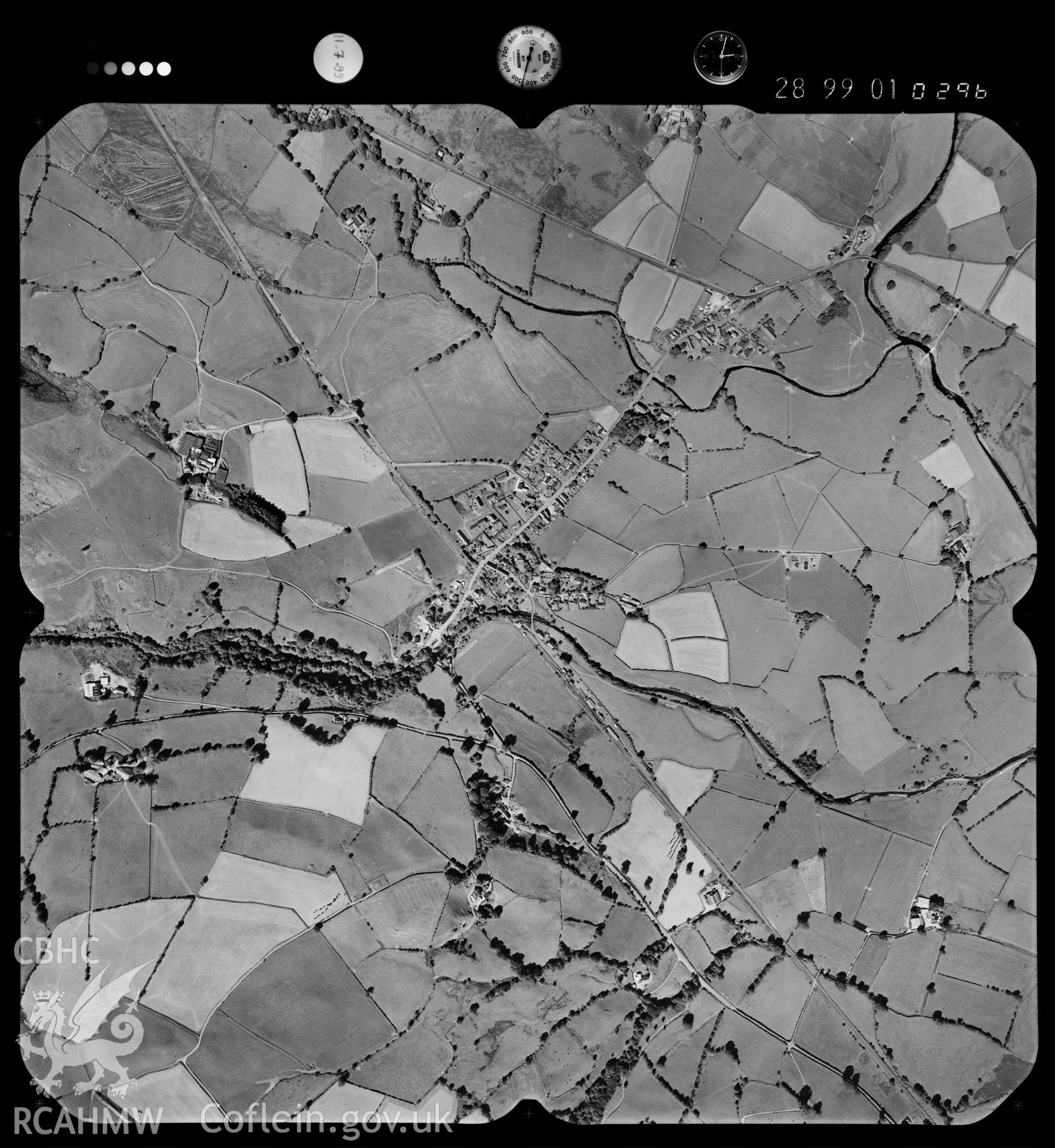 Digitized copy of an aerial photograph showing the Llanuwchllyn area, taken by Ordnance Survey, 1999.