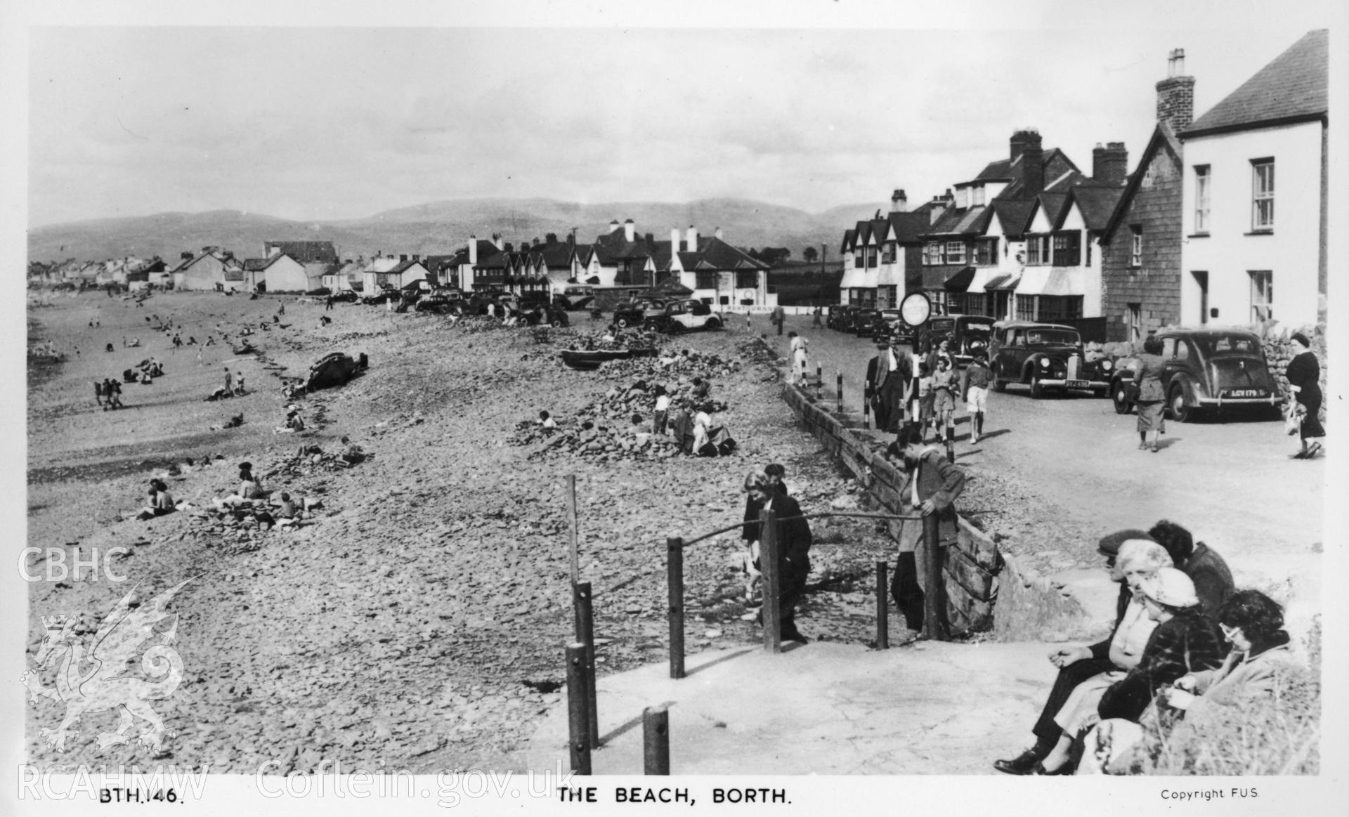 Digital copy of postcard showing The Beach, Borth, dated early 20th century (Publisher: Frith).  Loaned for copying by Charlie Downes.