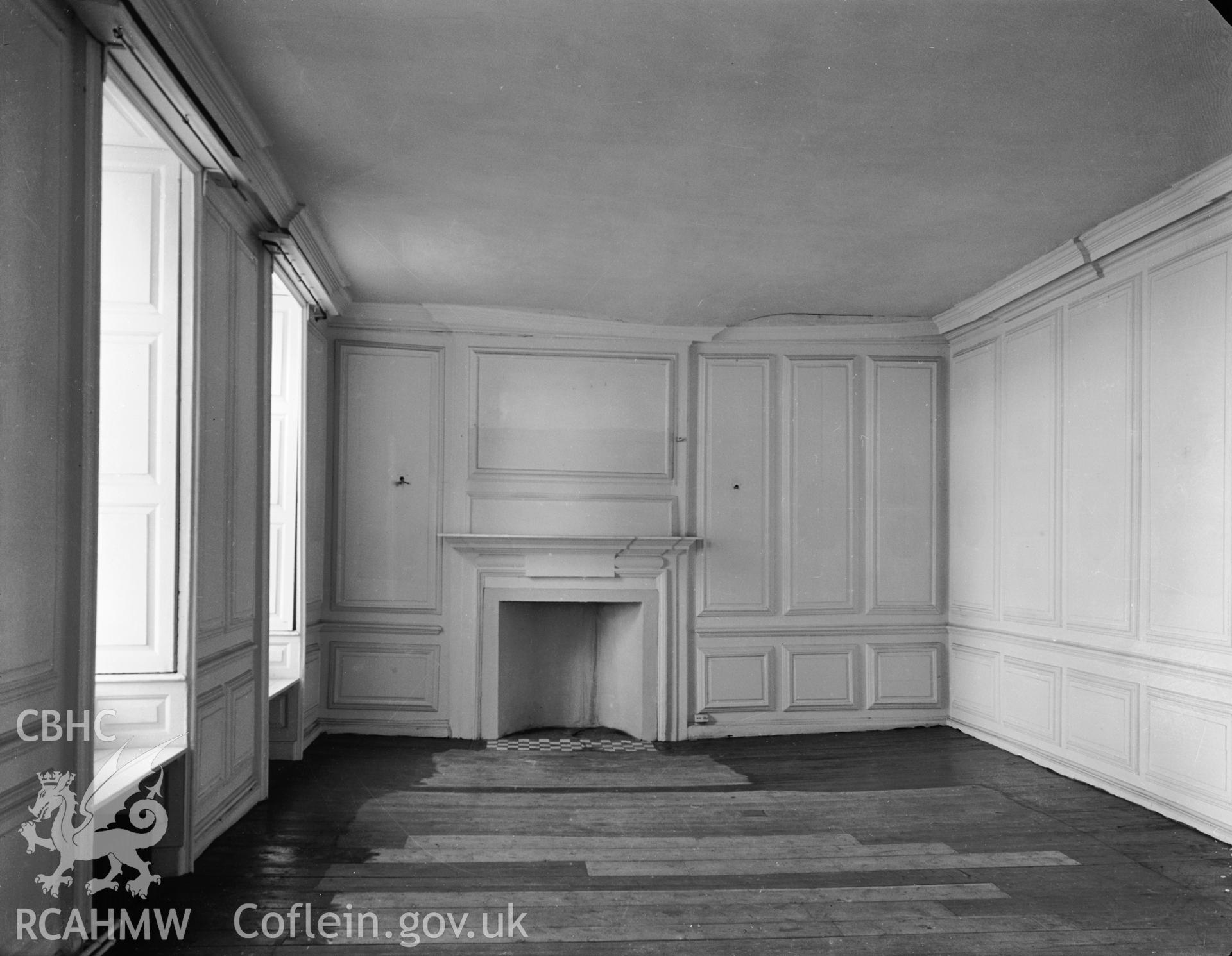 Interior view showing panelled room on the first floor on the north side of Rhyd y Gors House.