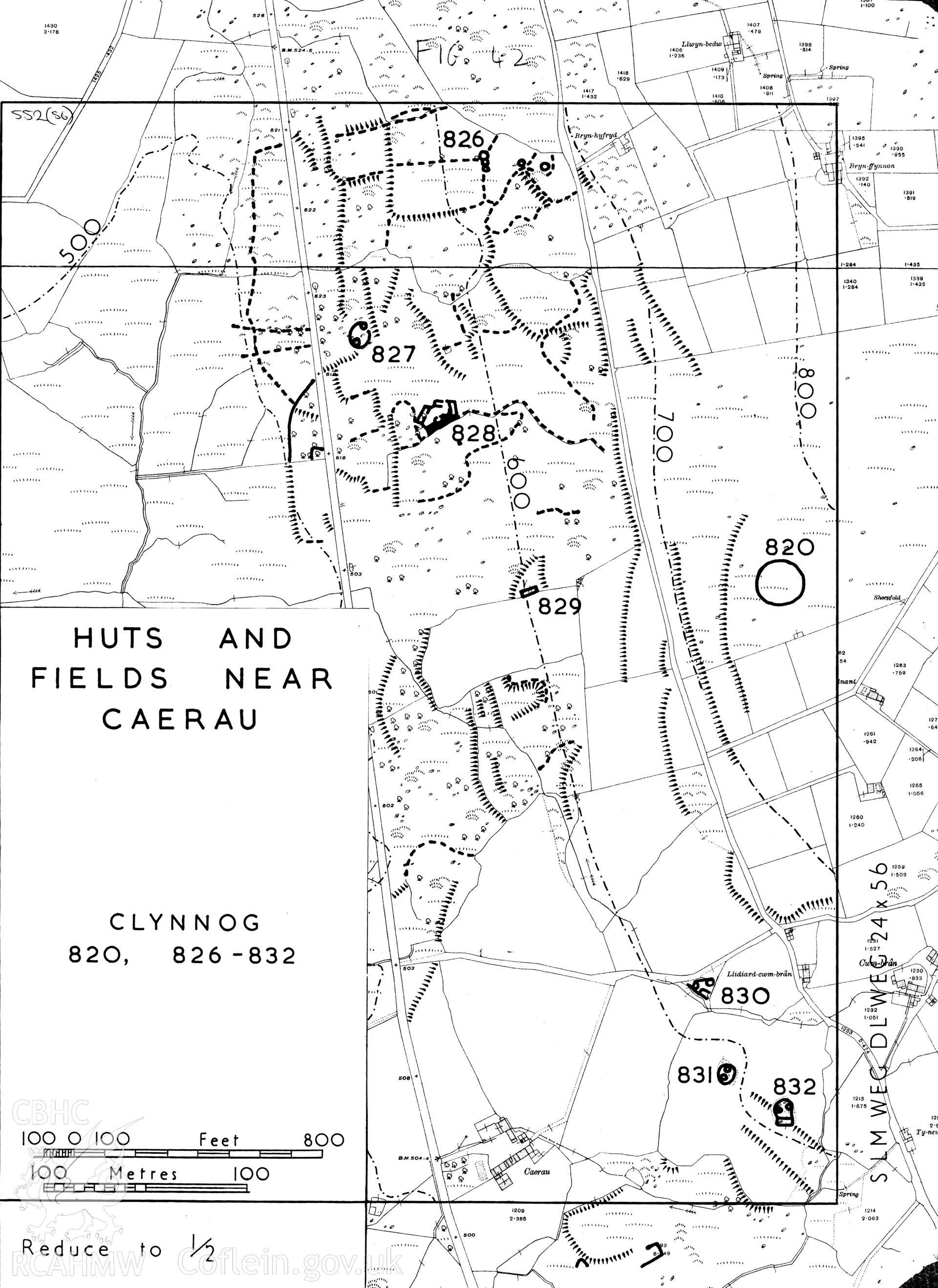 RCAHMW drawing (ink on paper) showing plan of Caerau Hut Groups, Clynnog.  Published in Caerns Inventory Vol II, fig 42.