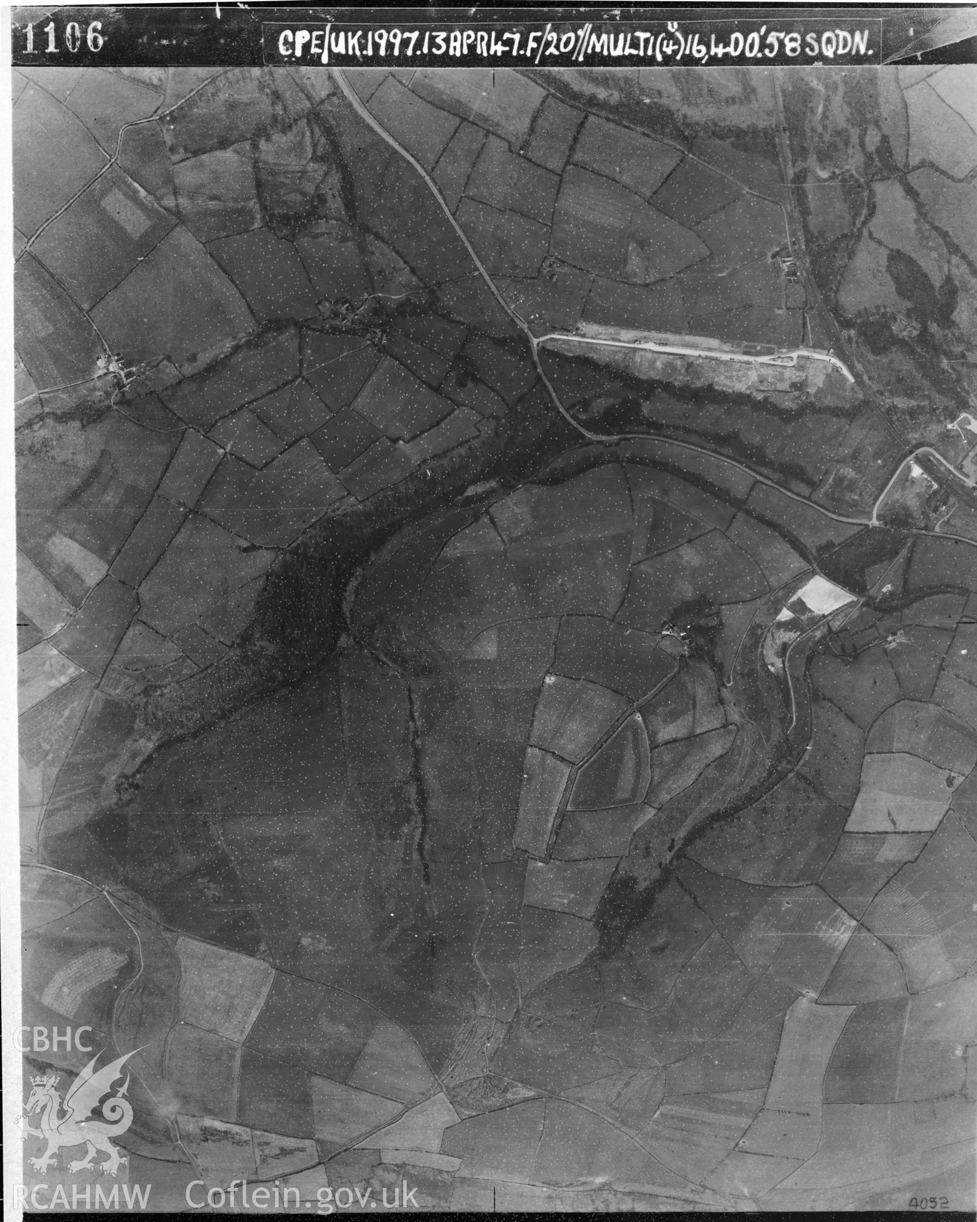 Black and white vertical aerial photograph taken by the RAF on 13/04/1947 centred on SS87768653 at a scale of 1:10000. The photograph includes part of Llangynwyd Lower community in Bridgend.