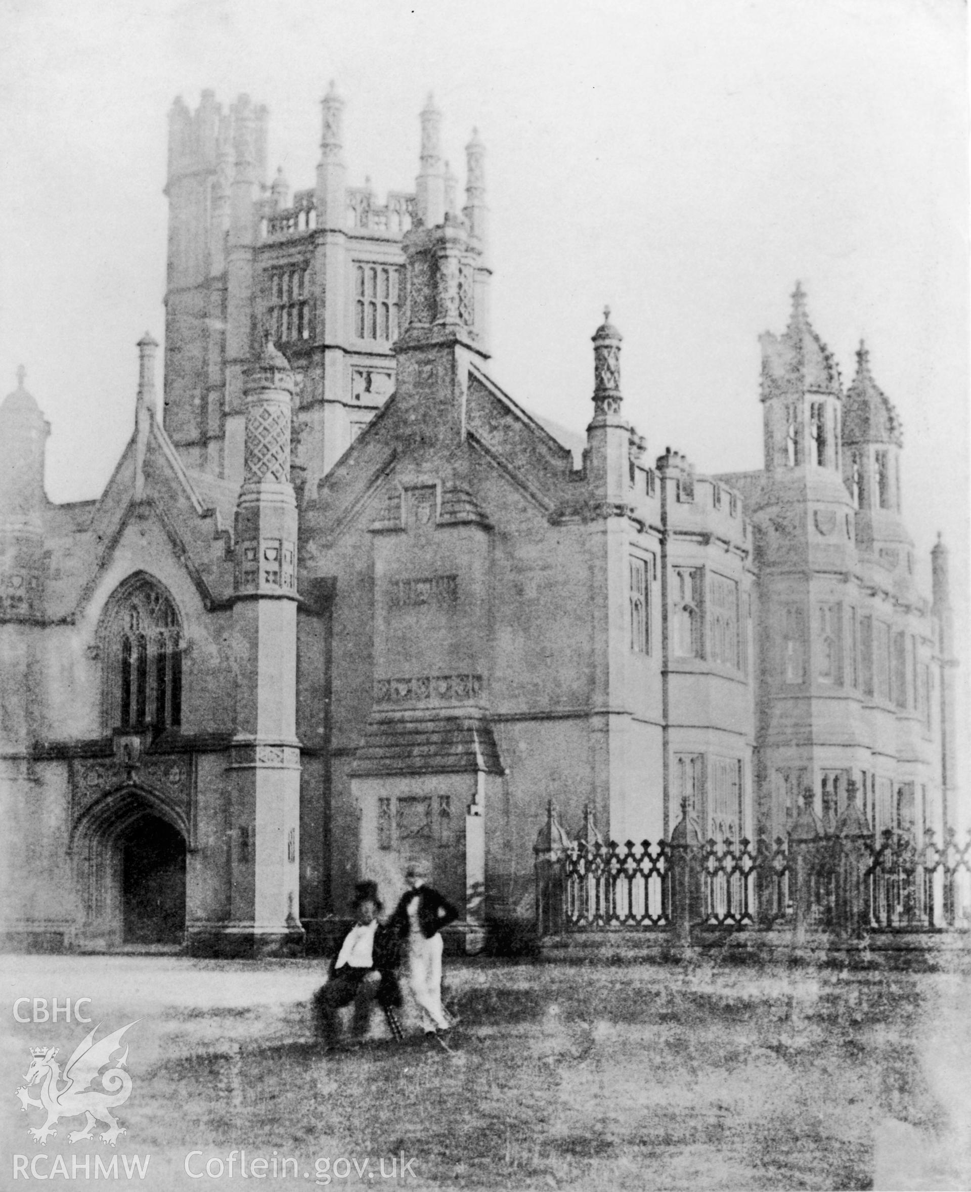 Black and white photograph showing Margam Castle, taken by Rev Calvert Jones.