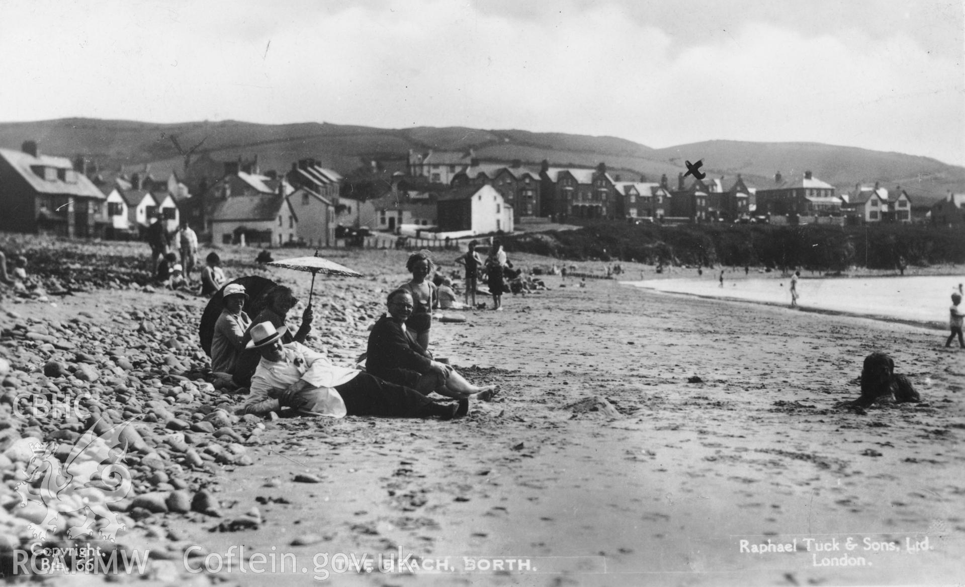 Digital copy of postcard showing The Beach, Borth, dated 1937, (Publisher: Tuck).  Loaned for copying by Charlie Downes.