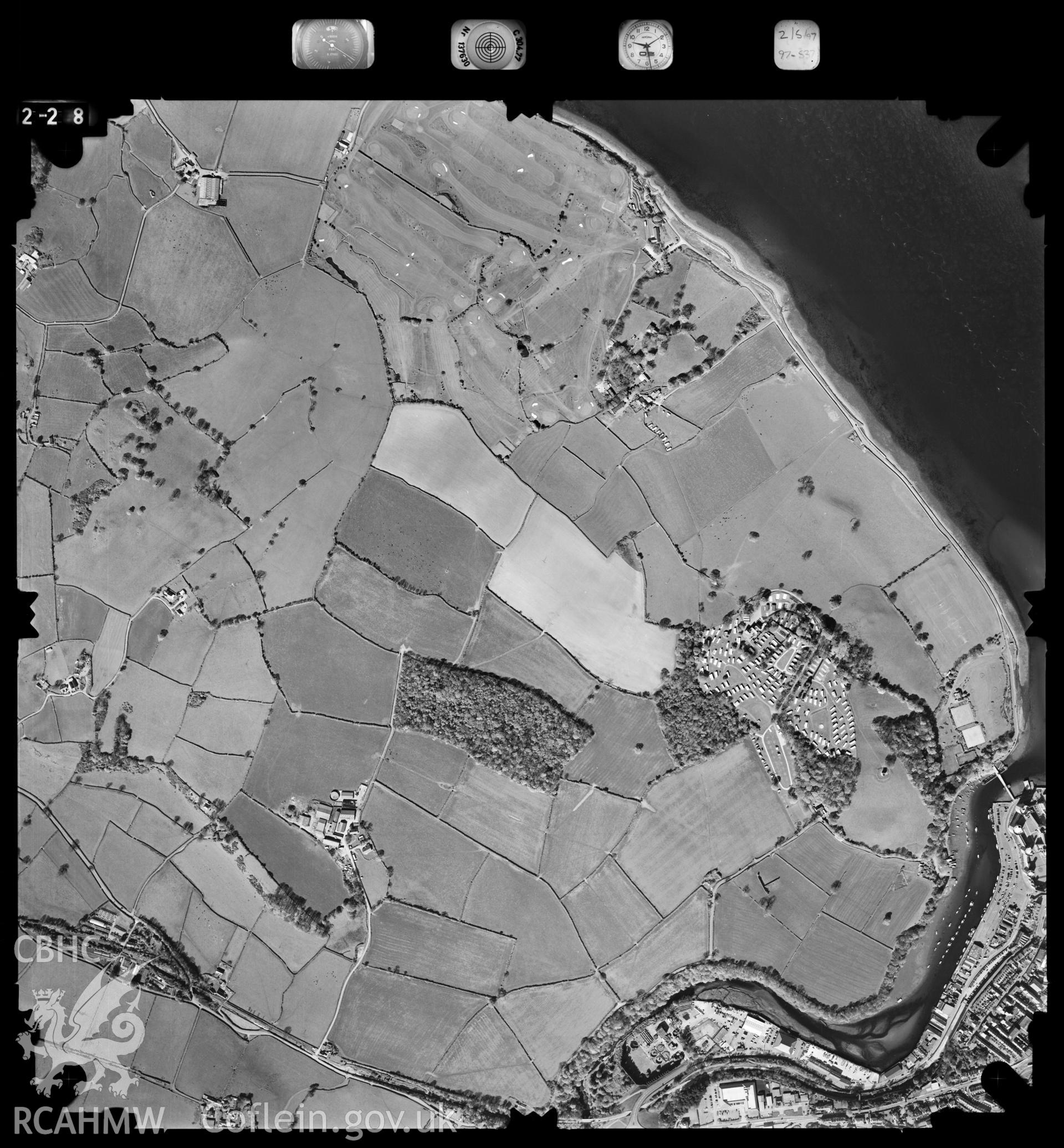 Digitized copy of an aerial photograph showing the Menai straits area area, taken by Ordnance Survey, 1997.