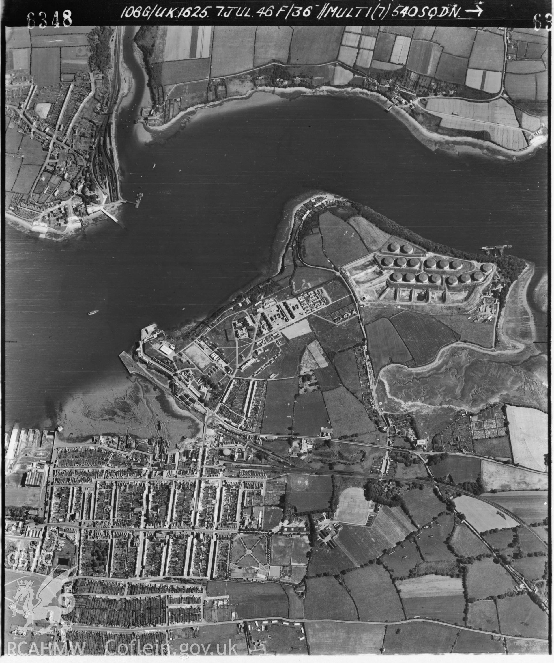 Black and white vertical aerial photograph taken by the RAF on 07/07/1946 centred on SM97400400 at a scale of 1:10000. The photograph includes part of Pembroke Dock community in Pembrokeshire.