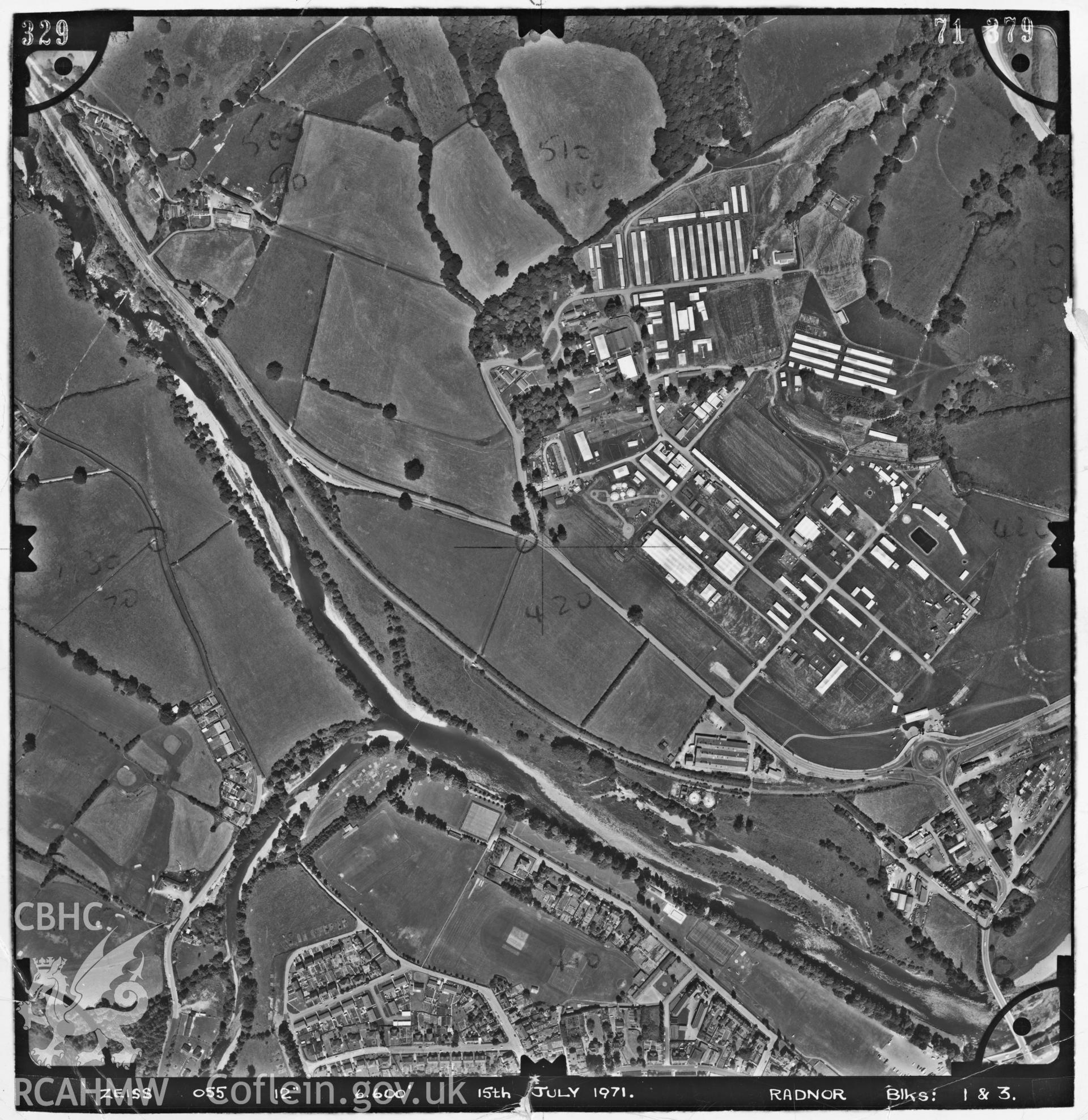 Digitized copy of an aerial photograph showing the area around Builth Wells, taken by Ordnance Survey, 1971.