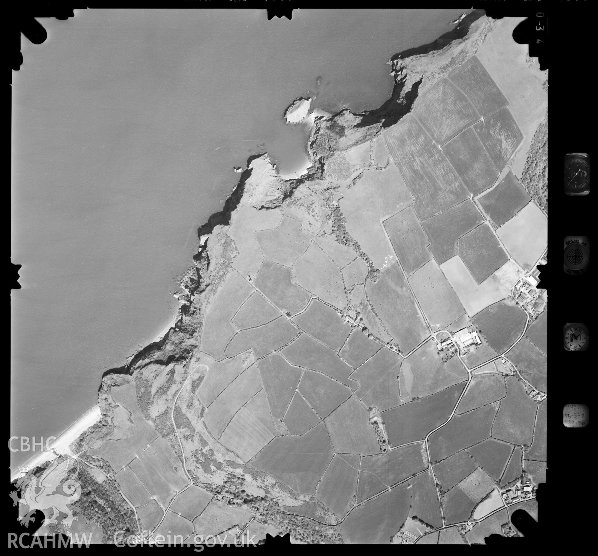 Digitized copy of an aerial photograph showing the area around Morfa Isaf, Ceredigion, taken by Ordnance Survey, 1996