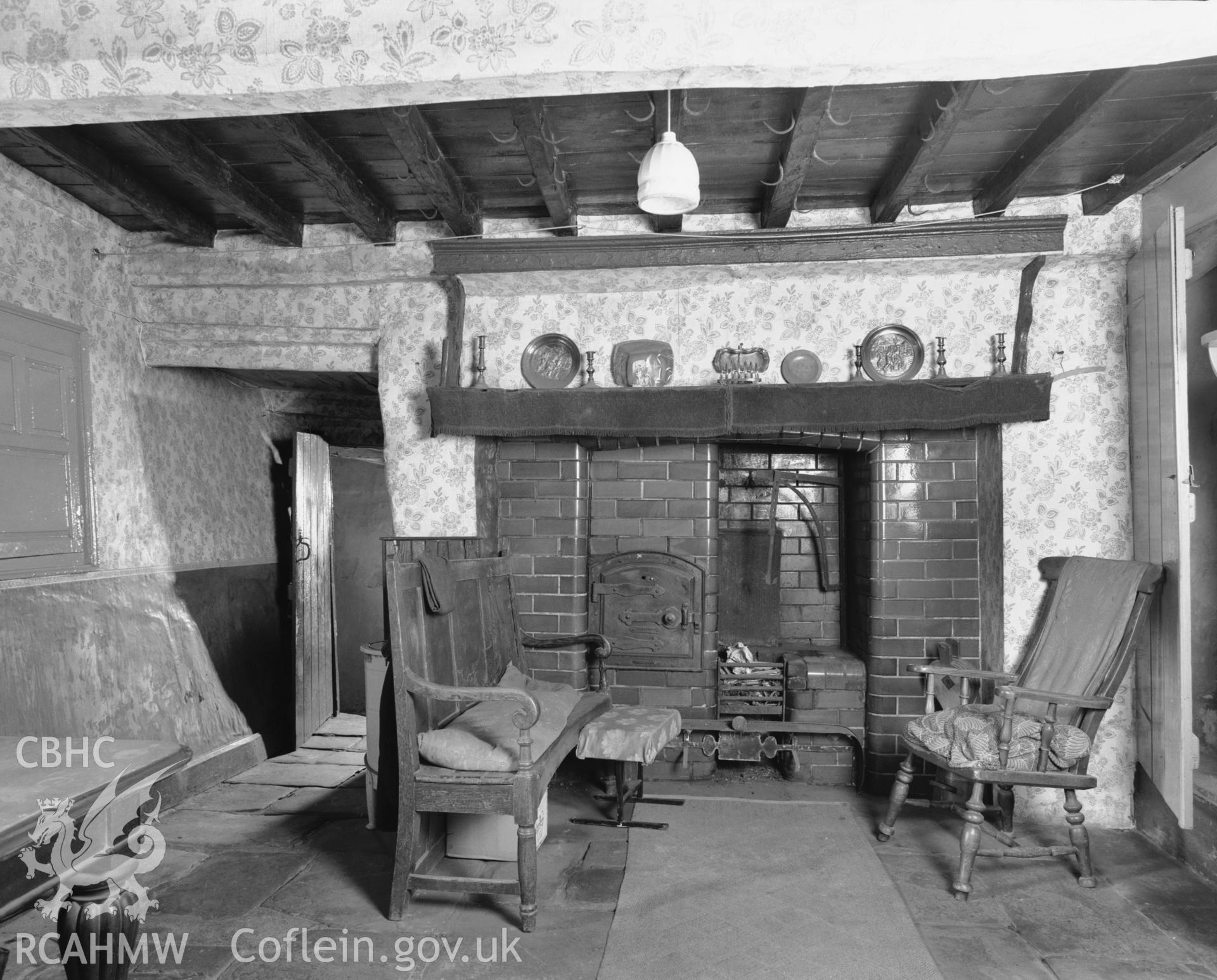 Interior view showing fireplace.
