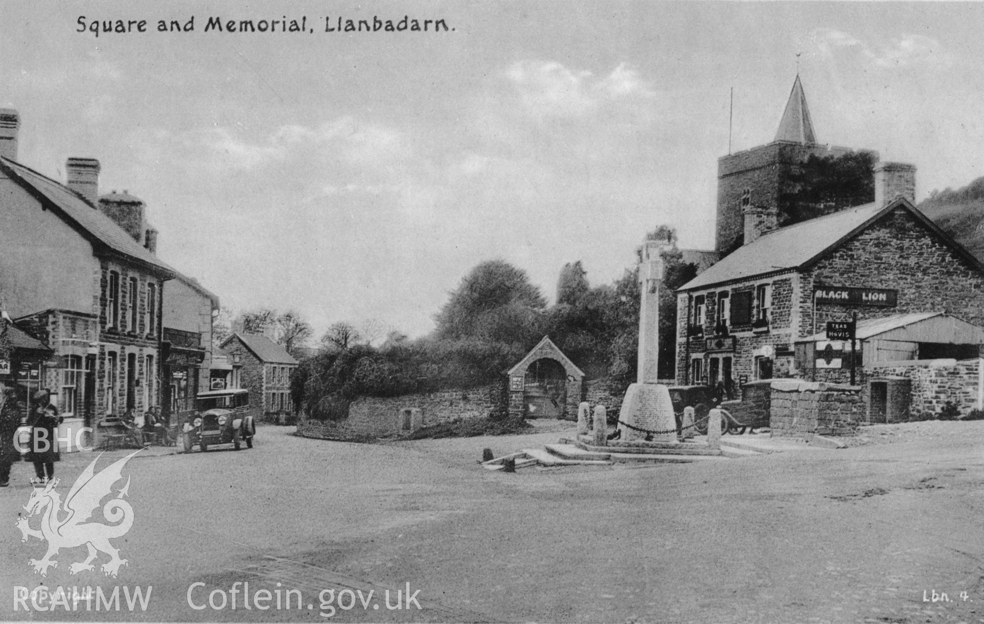 Digital copy of postcard showing Square and War Memorial, Llanbadarn, dated c. 1932 (Publisher: Lilywight).  Loaned for copying by Charlie Downes
