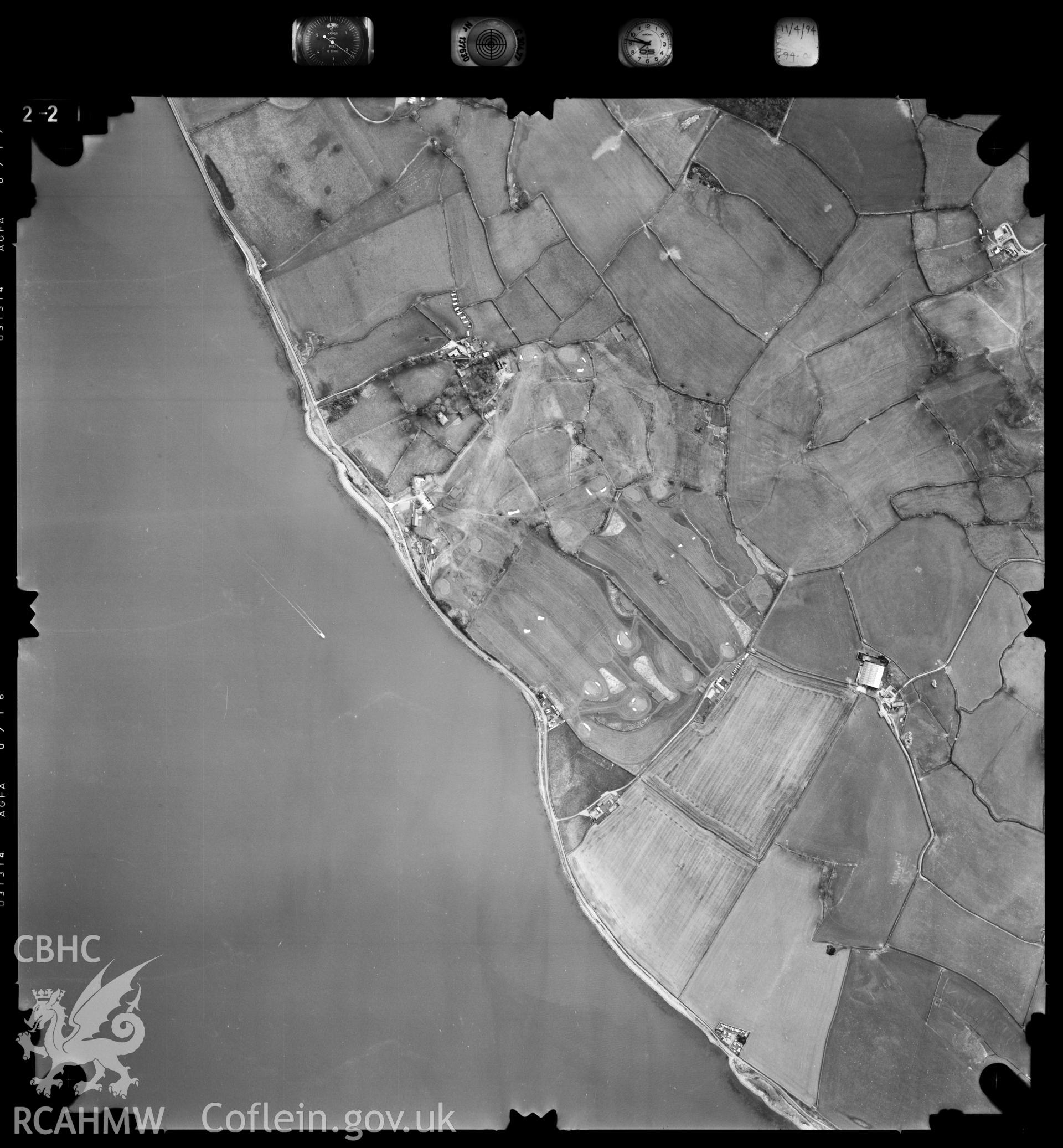 Digitized copy of an aerial photograph showing the Menai Straits area, taken by Ordnance Survey, 1994.