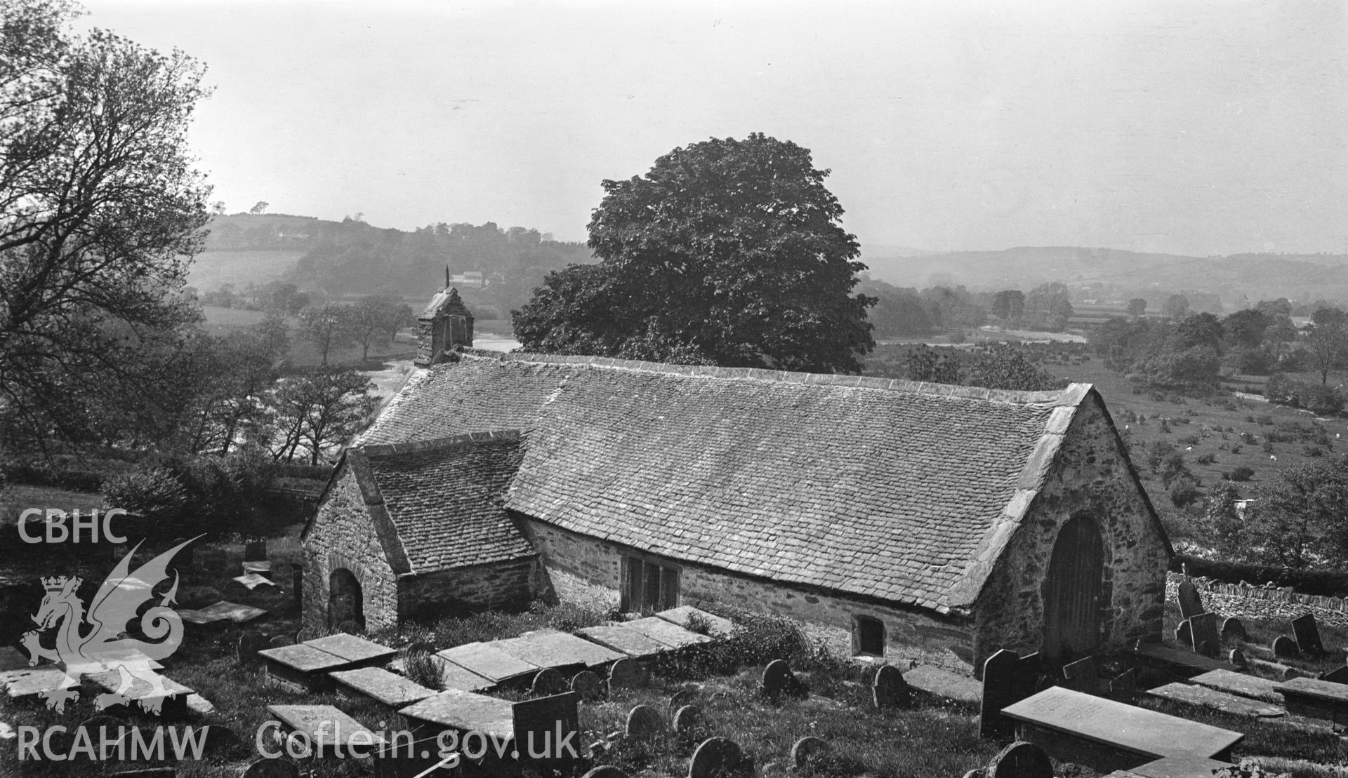 Black and white print of All Saints' Church, Llangar.