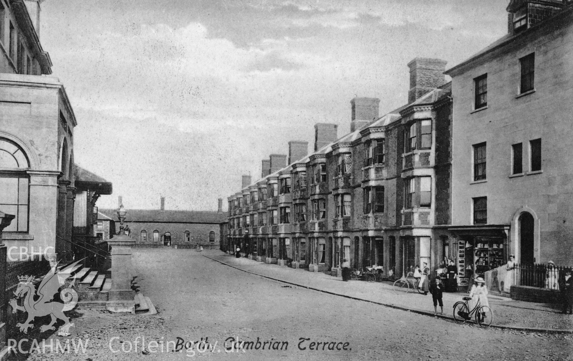 Digital copy of postcard showing Borth, Cambrian Terrace, dated 1909 (Publisher: Frith).  Loaned for copying by Charlie Downes.