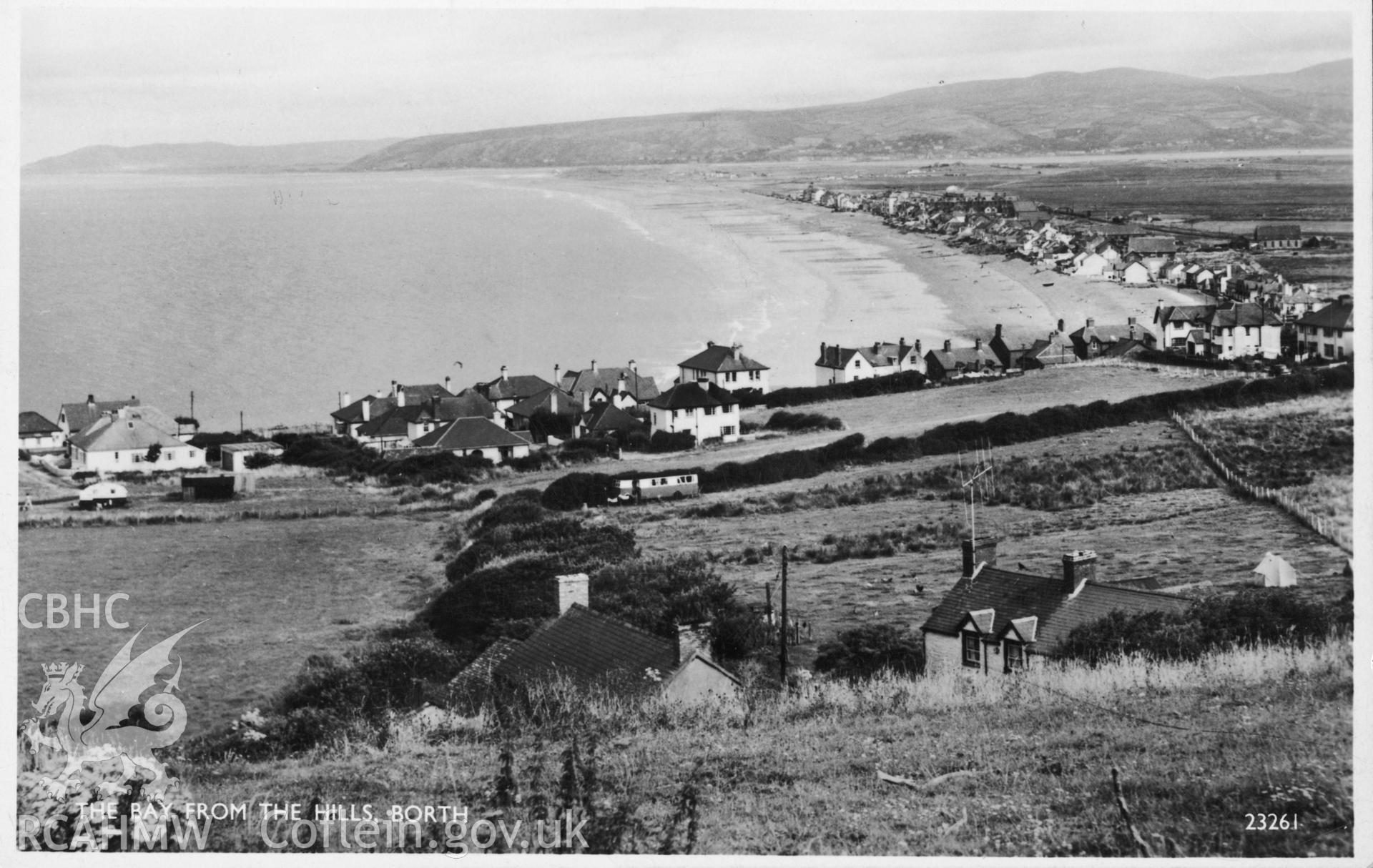 Digital copy of postcard showing The Bay from the Hills, Borth, dated 1958.(Publishers: Salmon postcards).  Loaned for copying by Charlie Downes.