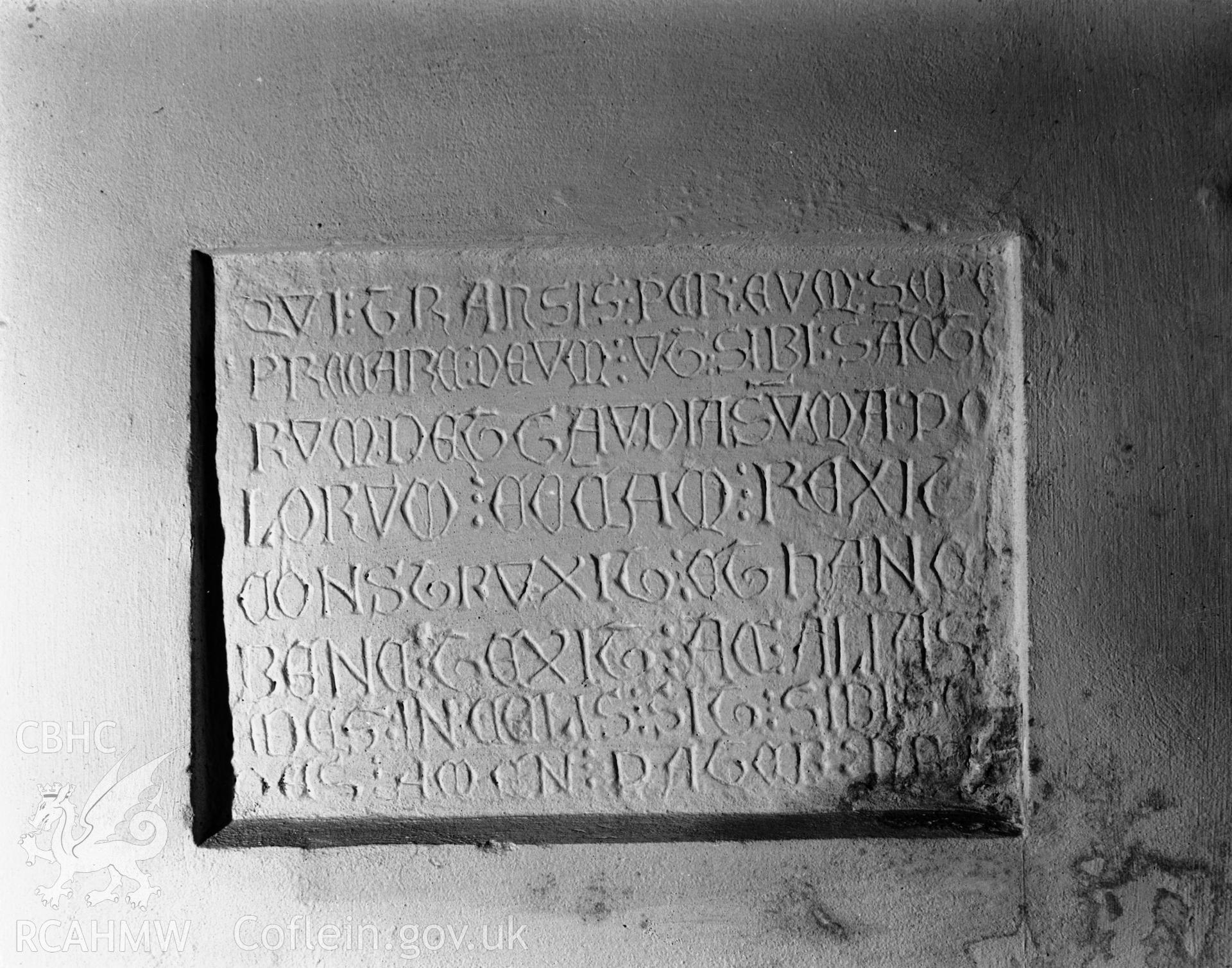 View of inscribed stone in south wall of the nave in Pwllcrochan Church taken in 05.09.1941.