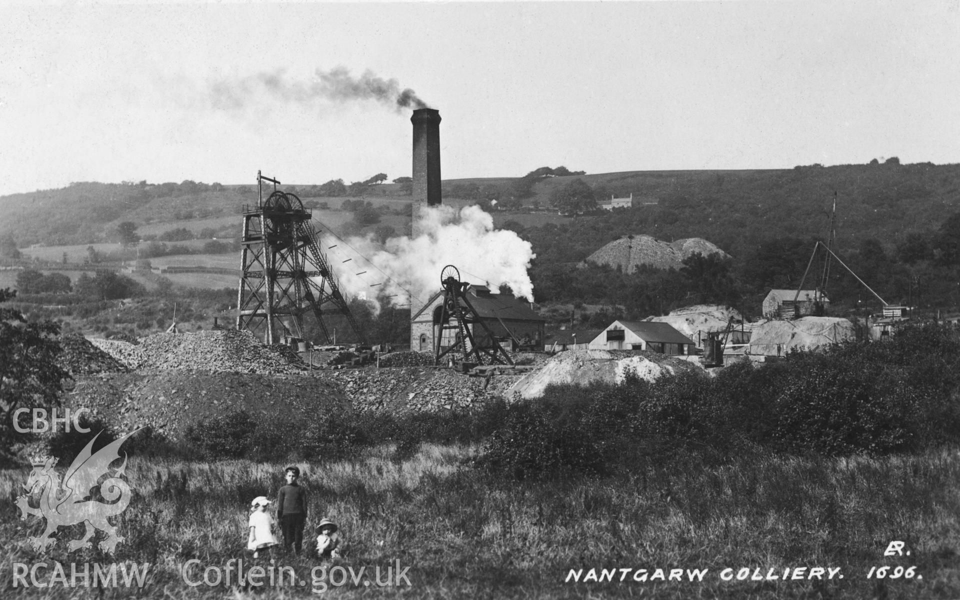 Postcard showing Nantgarw Colliery with children in foreground. Dated 1915.