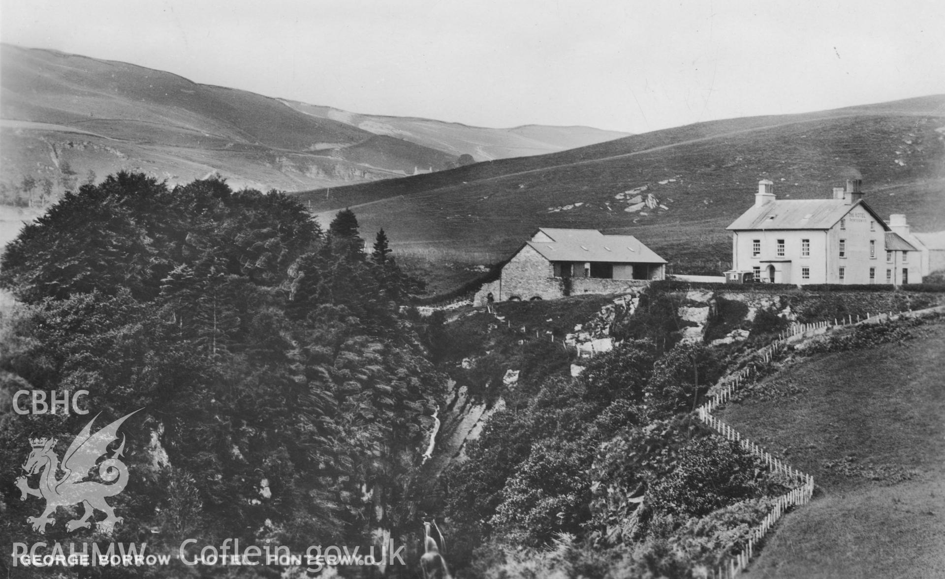 Digital copy of postcard showing 'George Borrow Hotel, Ponterwyd', dated 1944.  Loaned for copying by Charlie Downes.