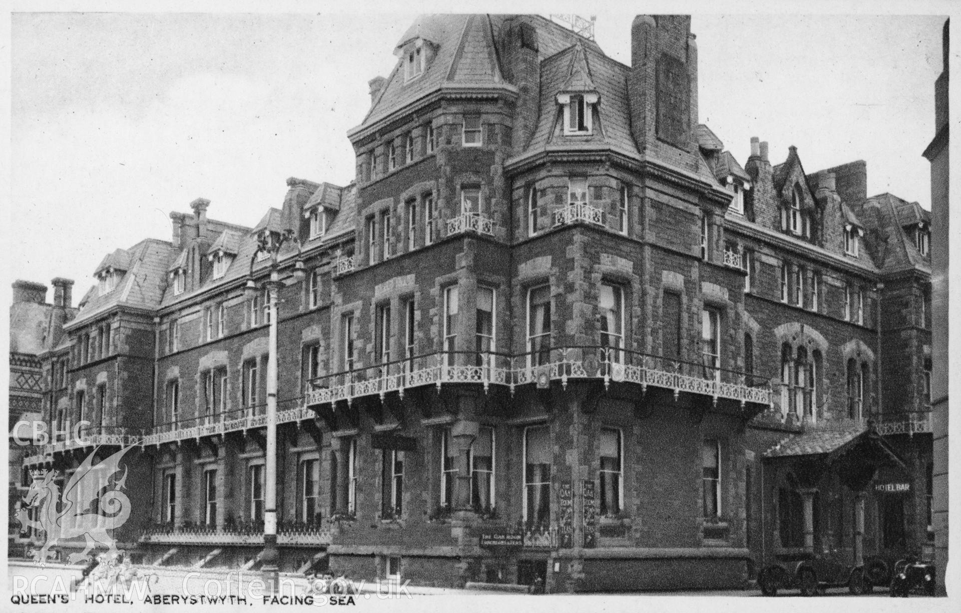 Digital copy of postcard showing Queen's Hotel, Aberystwyth, dated early 20th c.  Loaned for copying by Charlie Downes.