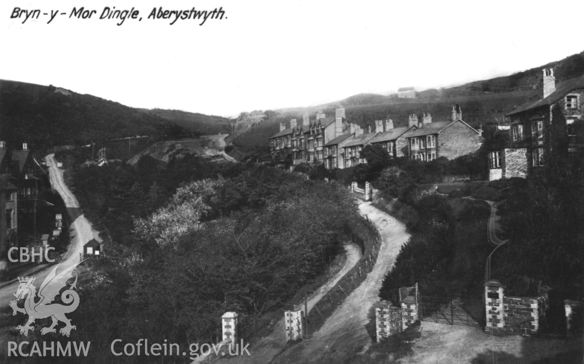 Digital copy of postcard showing Bryn-y-Mor Dingle, Aberystwyth, dated 1928.  Loaned for copying by Charlie Downes