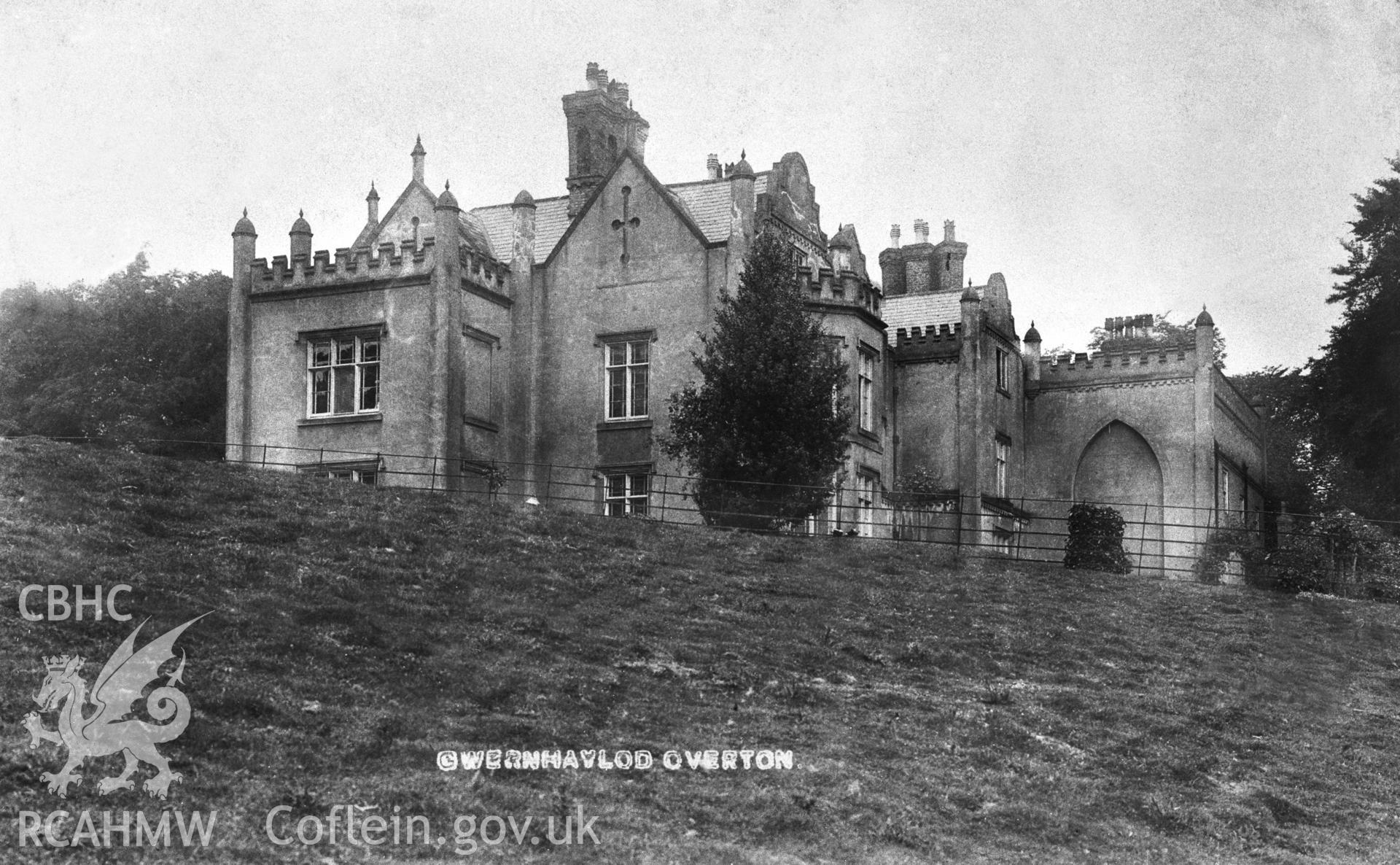 Copy of an undated postcard showing exterior view of Gwernheulog  from the south-east.