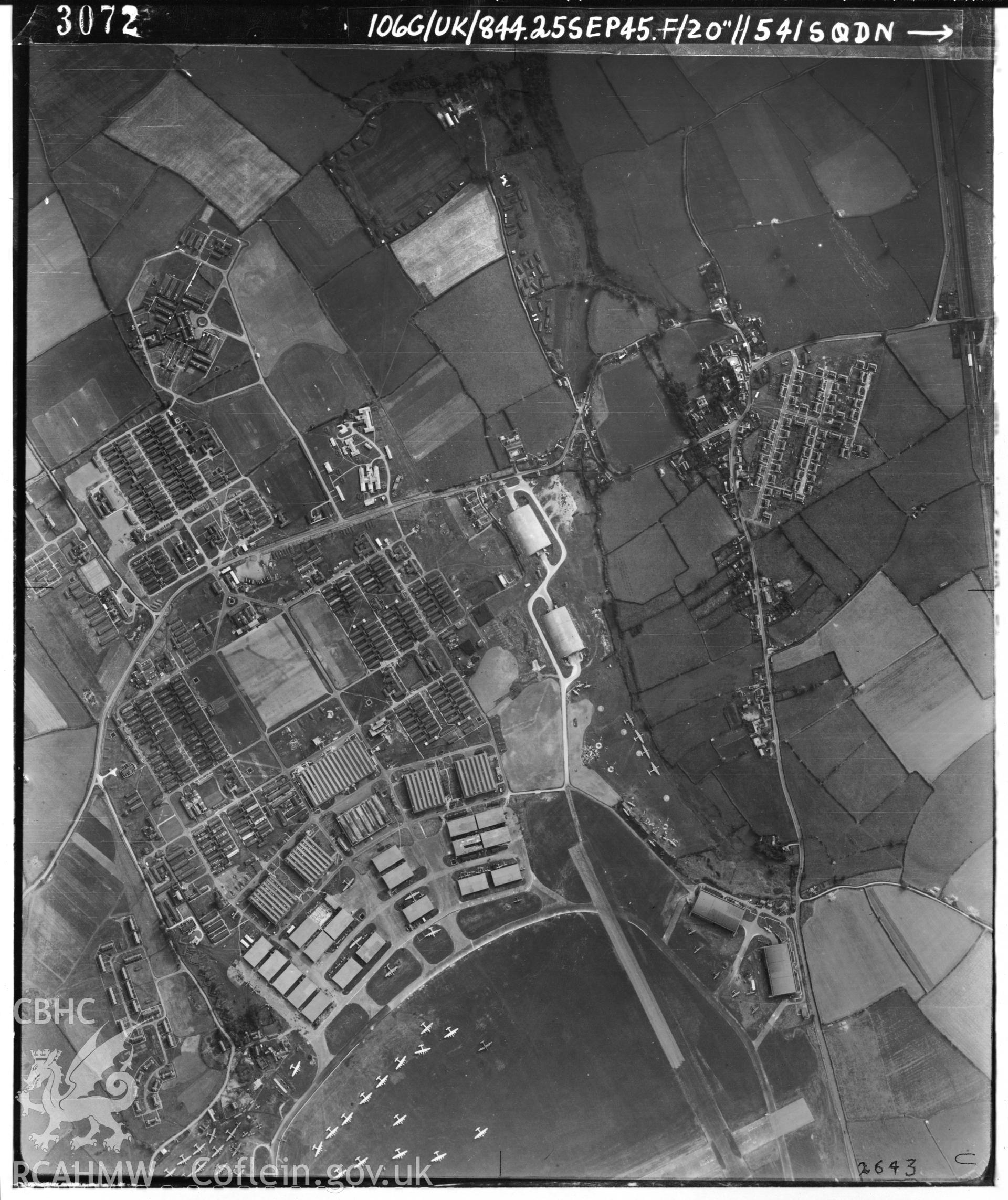 Black and white vertical aerial photograph taken by the RAF on 25/09/1945 centred on ST01336846 at a scale of 1:10000. The photograph includes part of St Athan community in The Vale of Glamorgan.