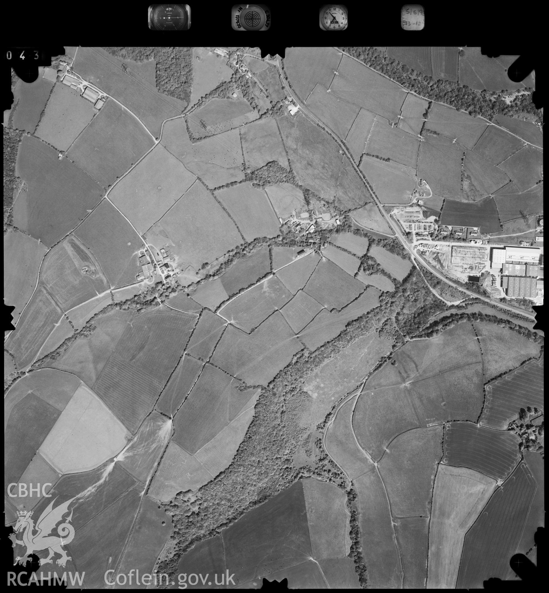 Digitized copy of an aerial photograph showing Bridgend Paper Mill, taken by Ordnance Survey, 1993.