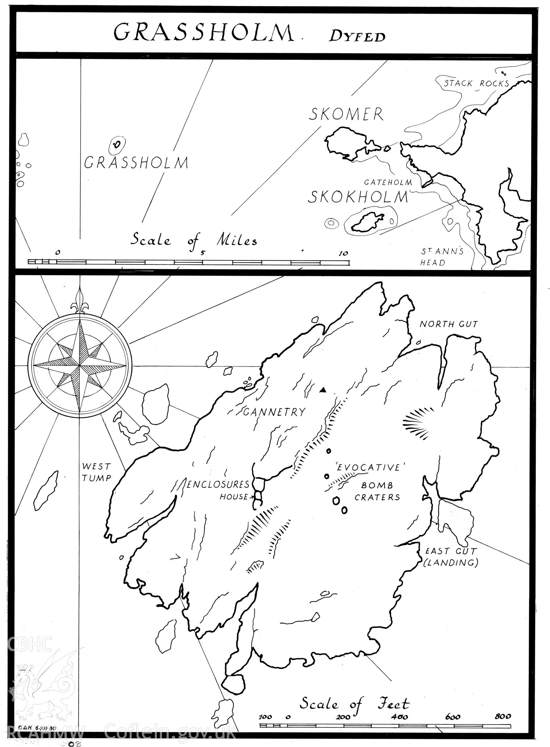 Dyeline copy of two maps of Grassholm Island, produced by Douglas Hague, December 1980.