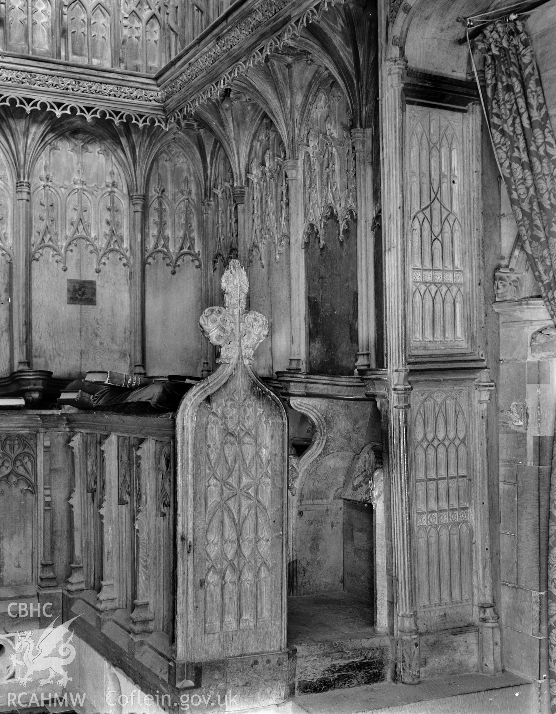 Interior view showing desk end and south side of choir stalls.