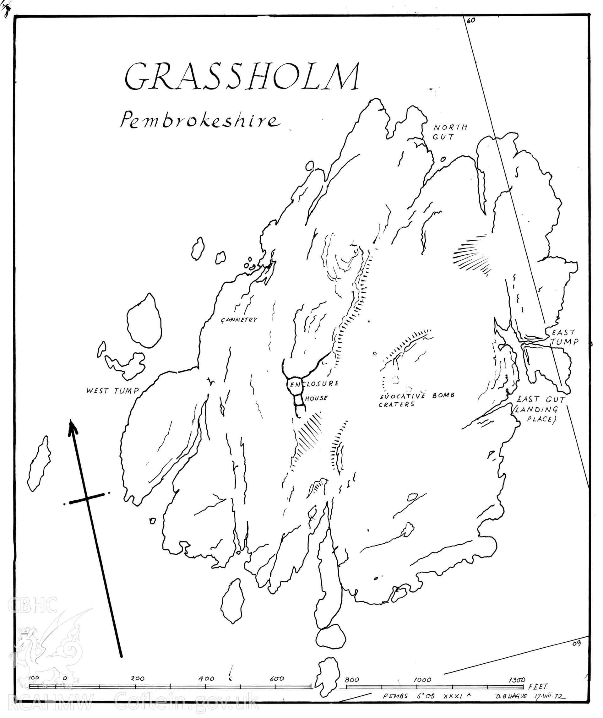 Map of Grassholm Island, produced by Douglas Hague, August 1972.