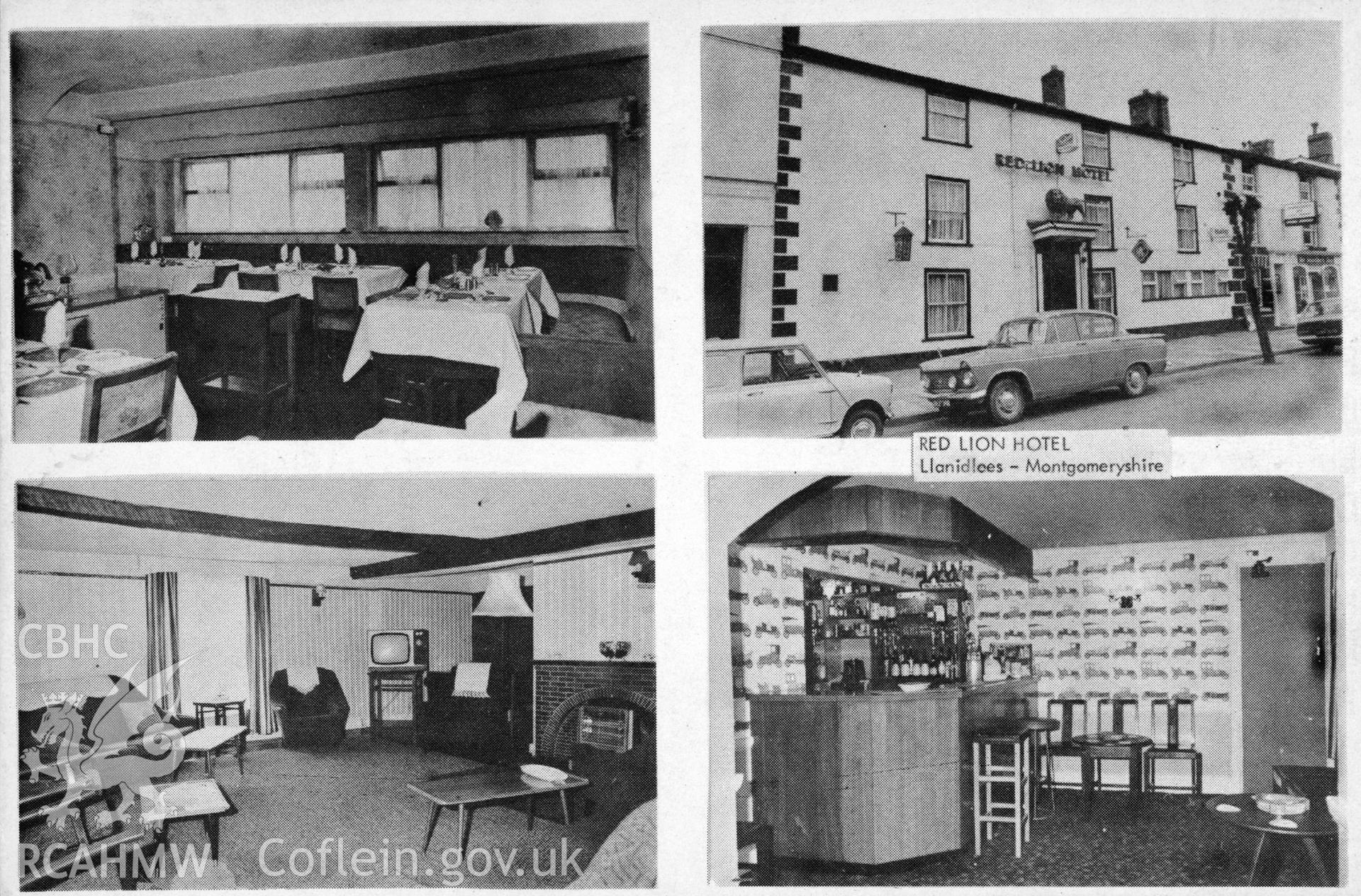 Digital copy of postcard showing Red Lion Hotel, Llanidloes, dated c. 1960s. Proprietors: Mr & Mrs T. Cunliffe.  Loaned for copying by Charlie Downes.