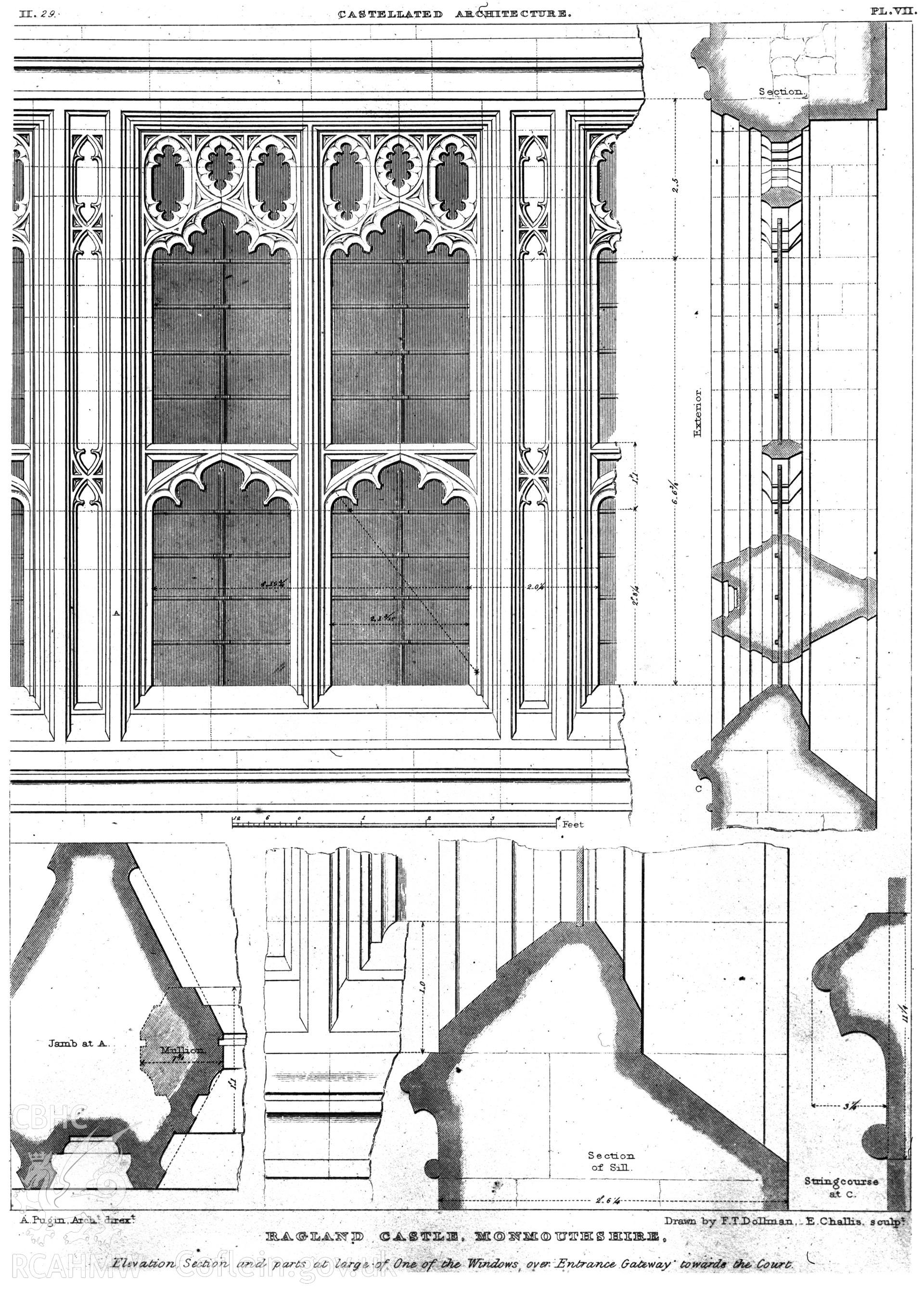Photographic copy of measured drawing showing elevation, section and detail of a window over the entrance .