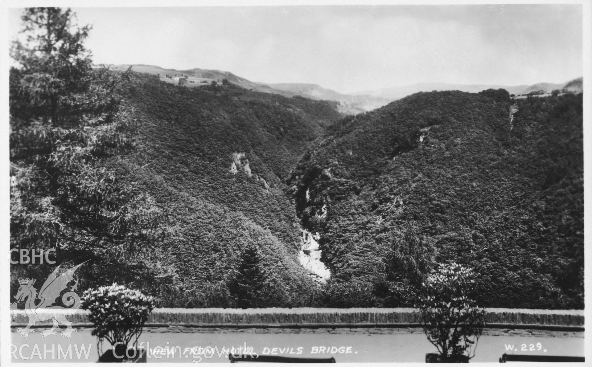 Digital copy of postcard showing the view from the Hotel, Devil's Bridge, dated early 20th century (Publisher: Valentine) .  Loaned for copying by Charlie Downes.