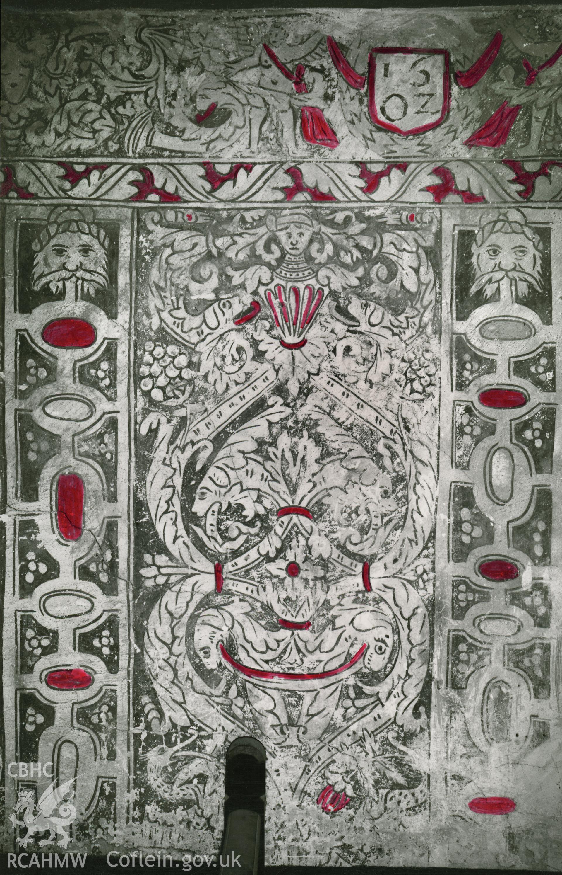 RCAHMW photograph showing detail of antique work on the 1602 painting with added colour, produced by D.J. Roberts