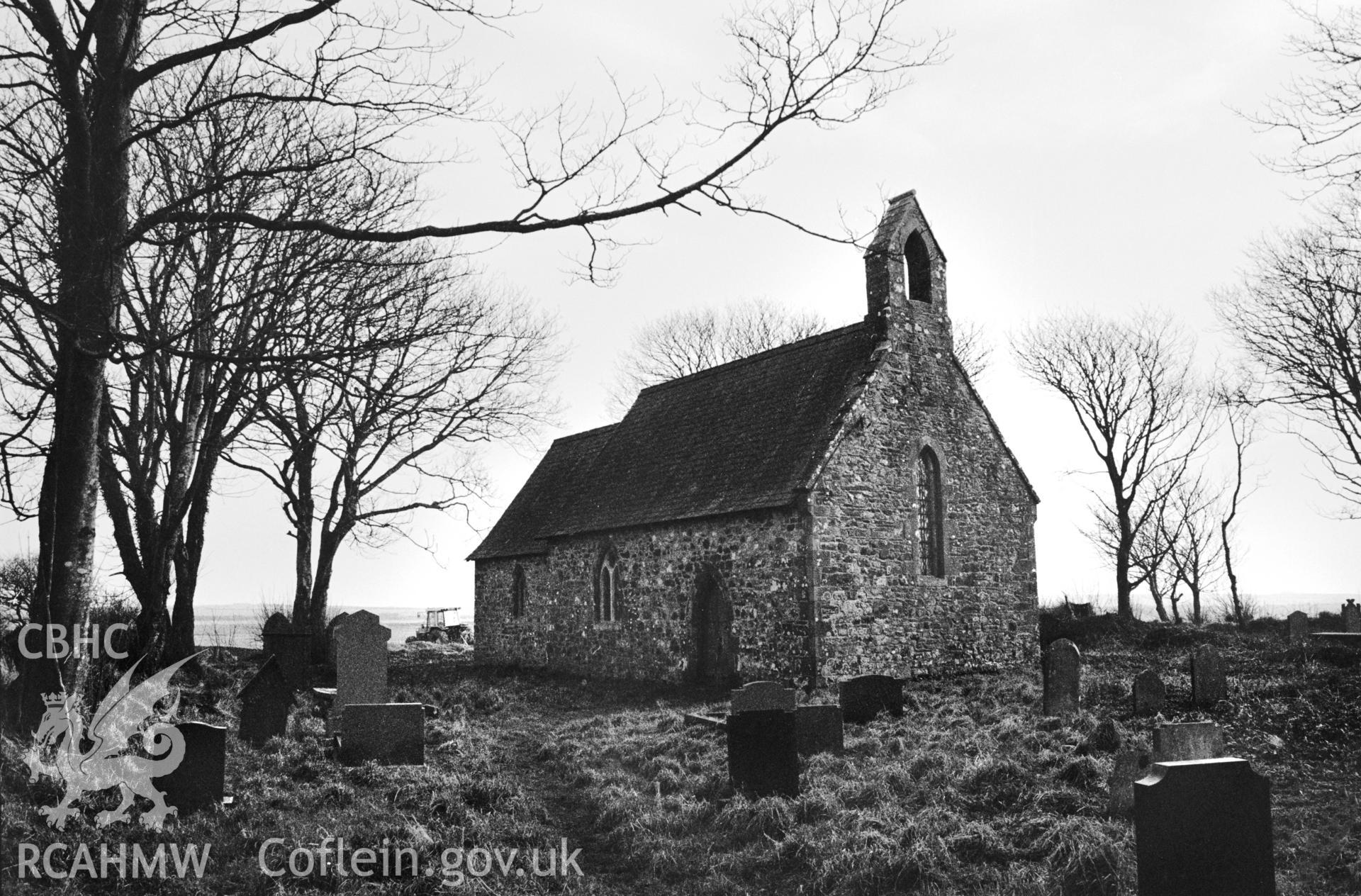 Black and white photographic print of St Reithan's Church, Llanreithan, Brawdy, Pembrokeshire, accompanied by an annotated OS map extract showing the location.