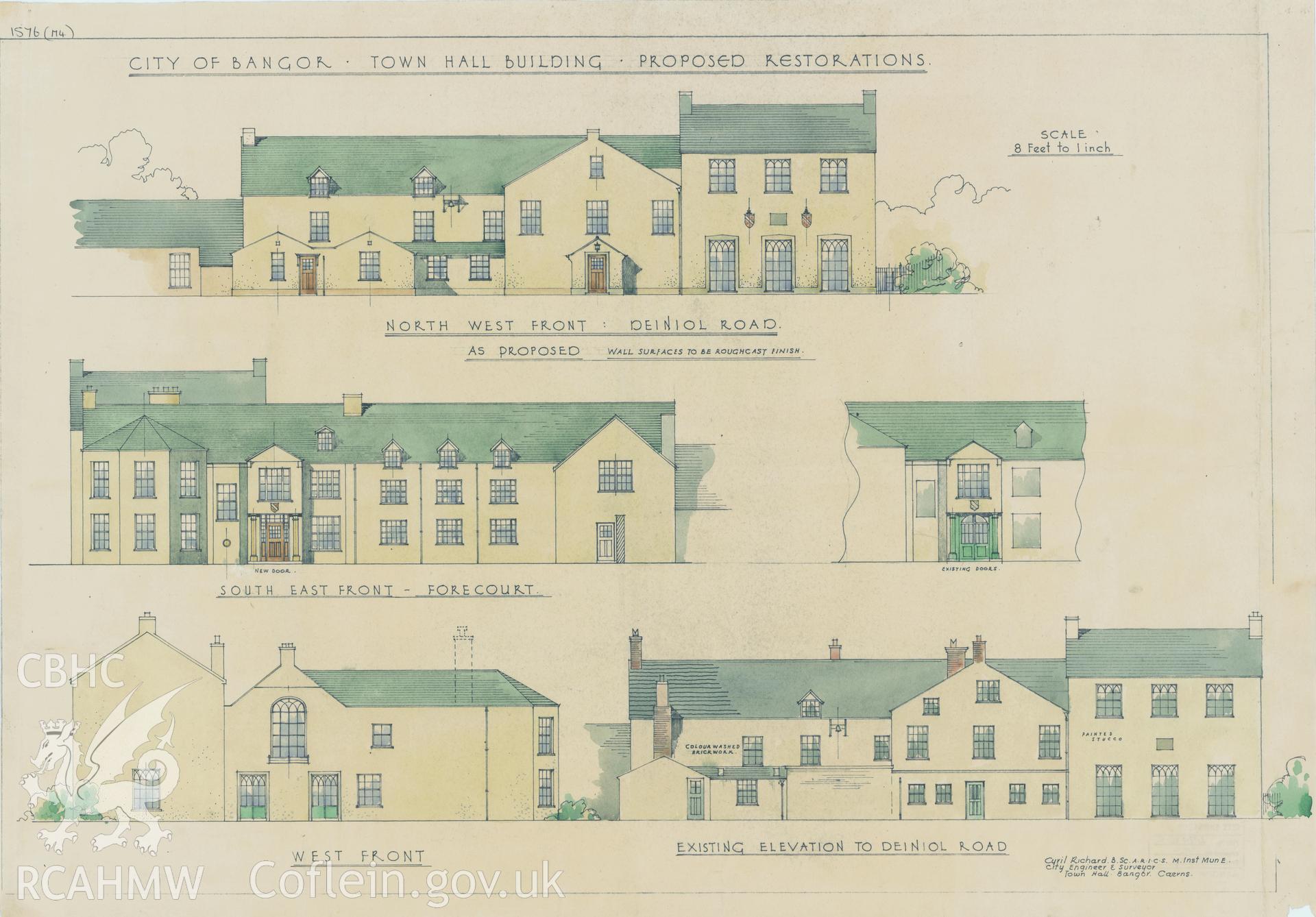 Copy of a non RCAHMW drawing by C. Richards showing elevation of Bishops Palace, Bangor.