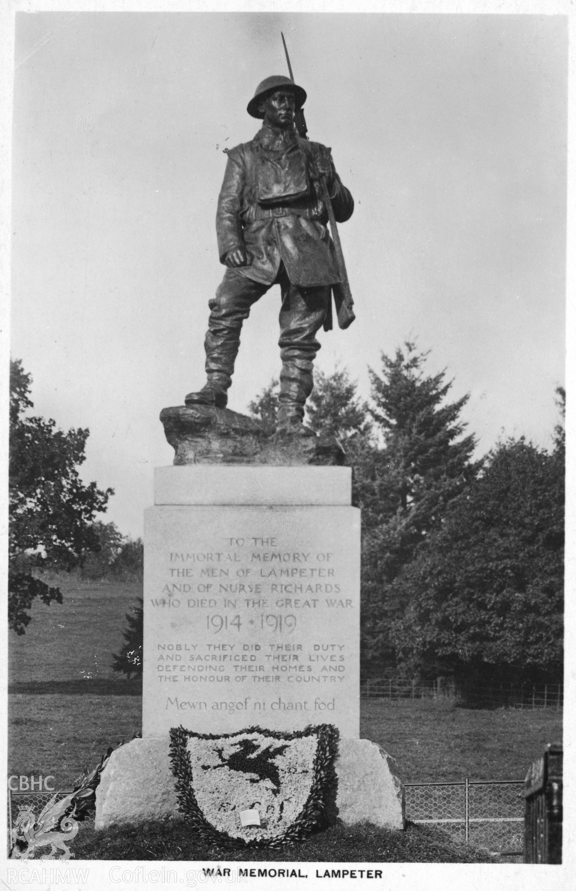 Digital copy of postcard showing War Memorial, Lampeter, dated 1930.  Loaned for copying by Charlie Downes.