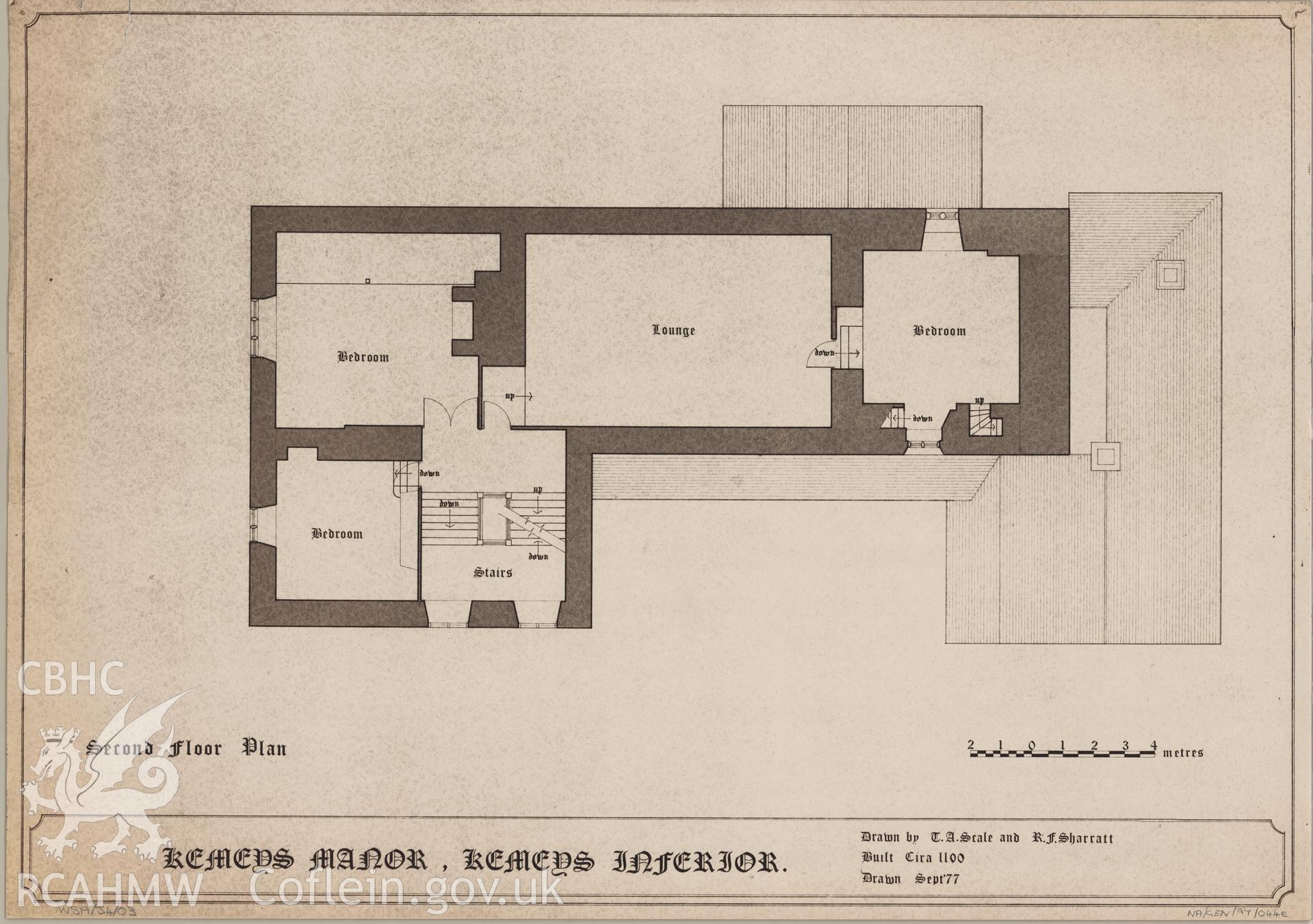 Measured drawing showing second floor plan of Kemey's Manor, Kemeys Inferior, produced by T.A. Scale and R.F. Sharratt, September1977.