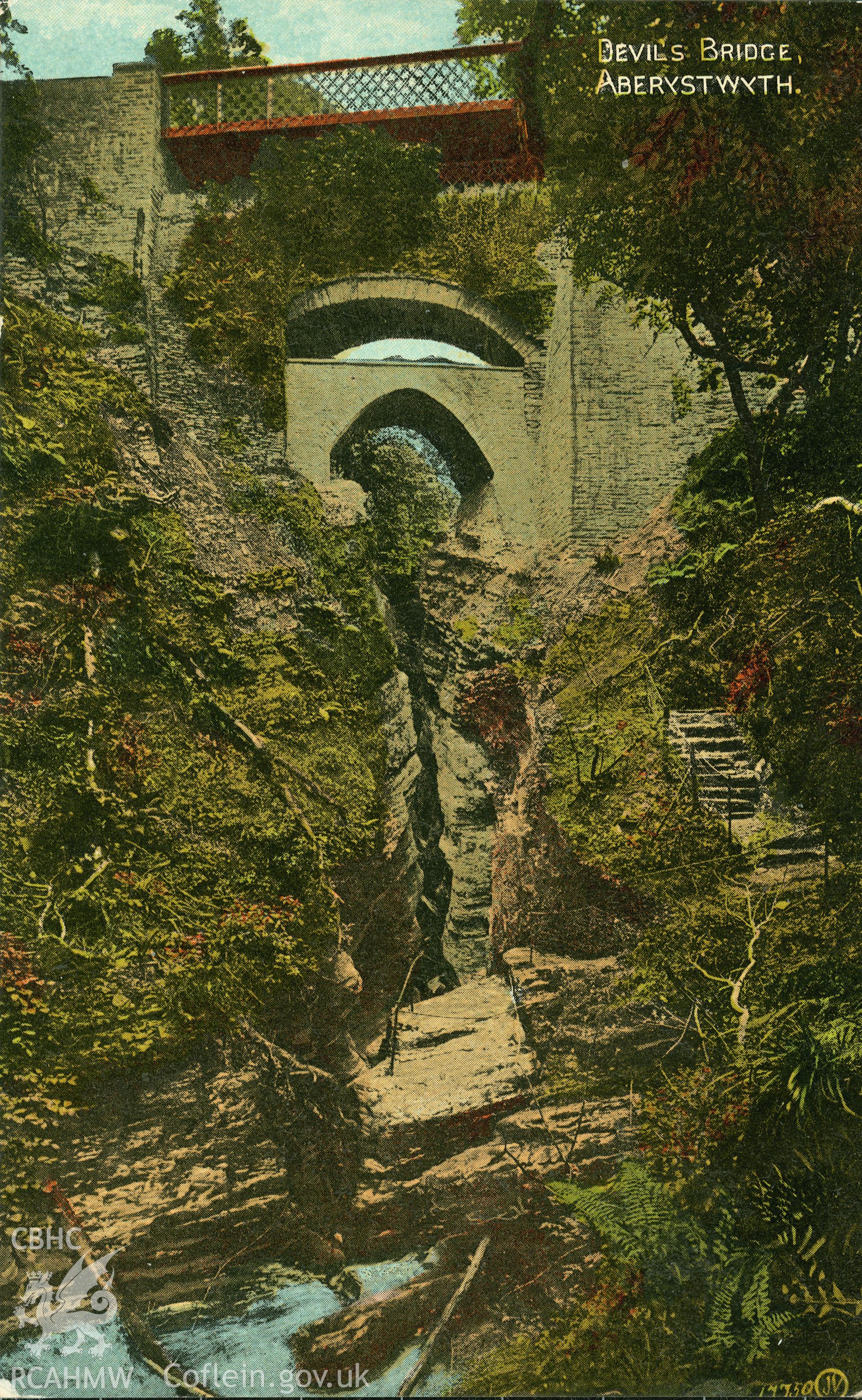 Digital copy of postcard showing Devil's Bridge, Aberystwyth, dated early 20th century (Publisher: Cambrian News).  Loaned for copying by Charlie Downes.
