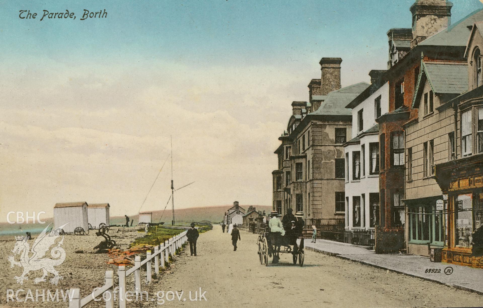 Digital copy of postcard showing The Parade, Borth, dated early 20th century (Publisher: J. Maethlon James, Garibaldi House, Borth).  Loaned for copying by Charlie Downes.