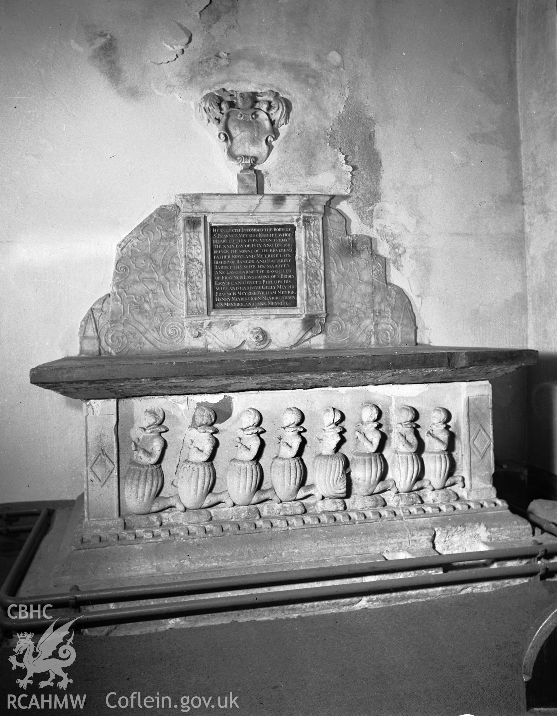 View of monument to Sir Francis Meyrike d.1603 under the tower at Monkton Priory taken in 07.08.1941.