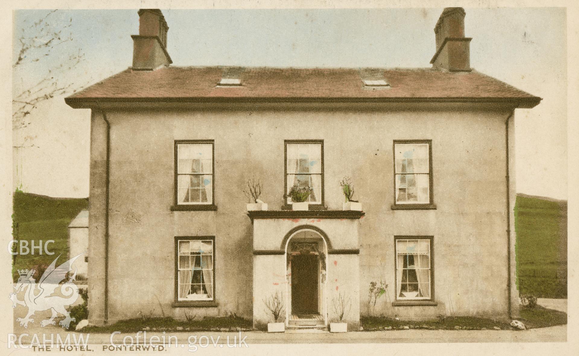 Digital copy of postcard showing 'The Hotel, Ponterwyd', dated early 20th century (Publisher: H. Knight, Proprietor, The Hotel, Ponterwyd).  Loaned for copying by Charlie Downes.