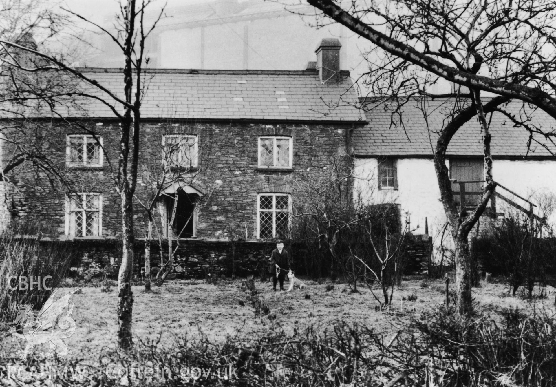 Photograph showing Ynysywern Farm with boy and dog in foreground. Dated between 1902 and 1910. In the background can be seen the South Wales Power Company Power station at Upper Boat.