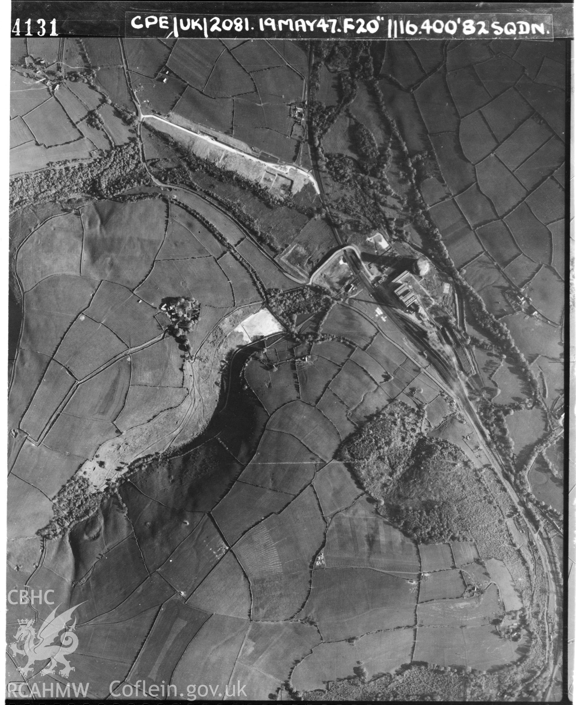 Black and white vertical aerial photograph taken by the RAF on 19/05/1947 centred on SS86588621 at a scale of 1:10000. The photograph includes part of Llangynwyd Middle community in Bridgend.