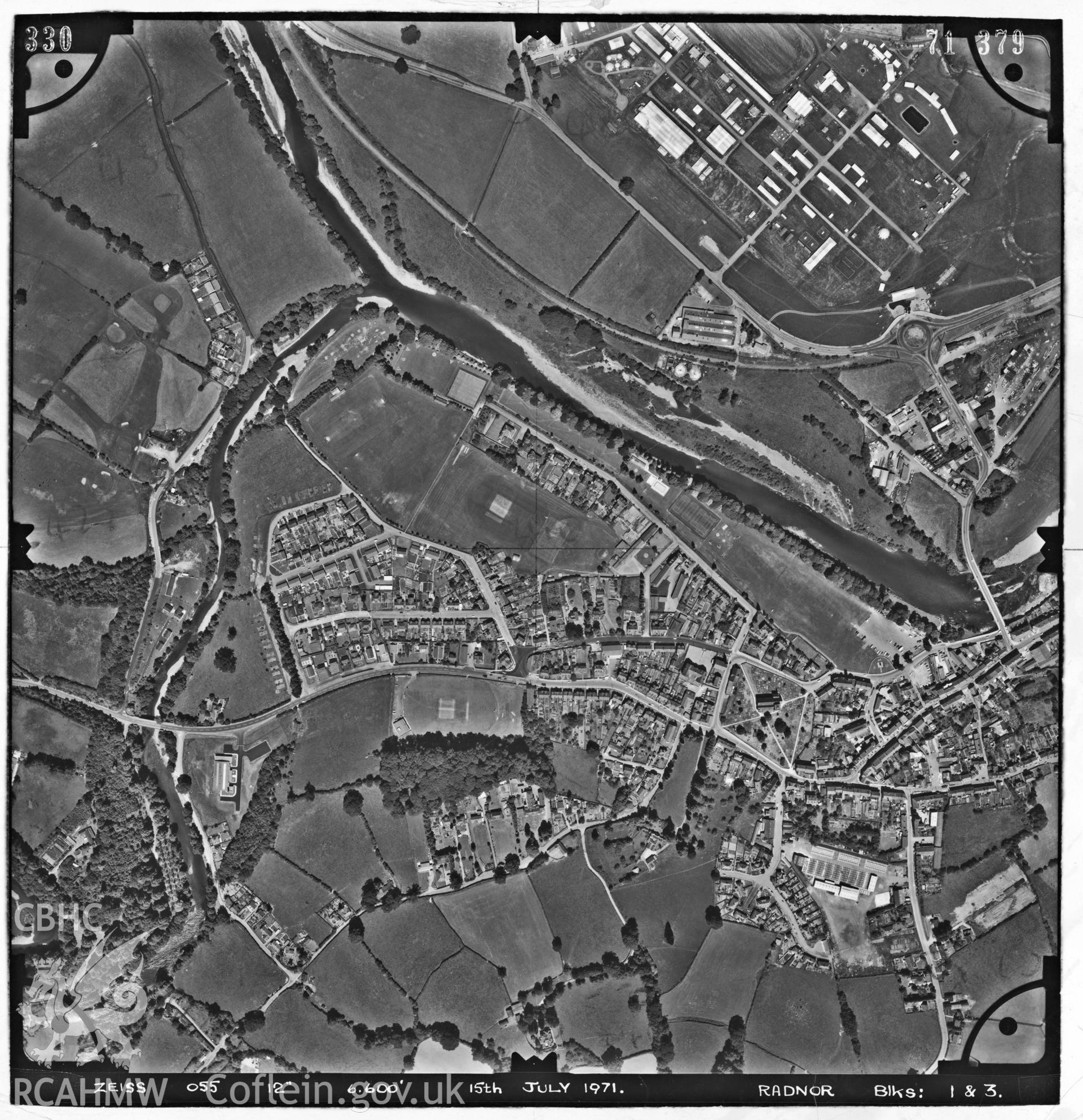 Digitized copy of an aerial photograph showing the area around Builth Wells, taken by Ordnance Survey, 1971.