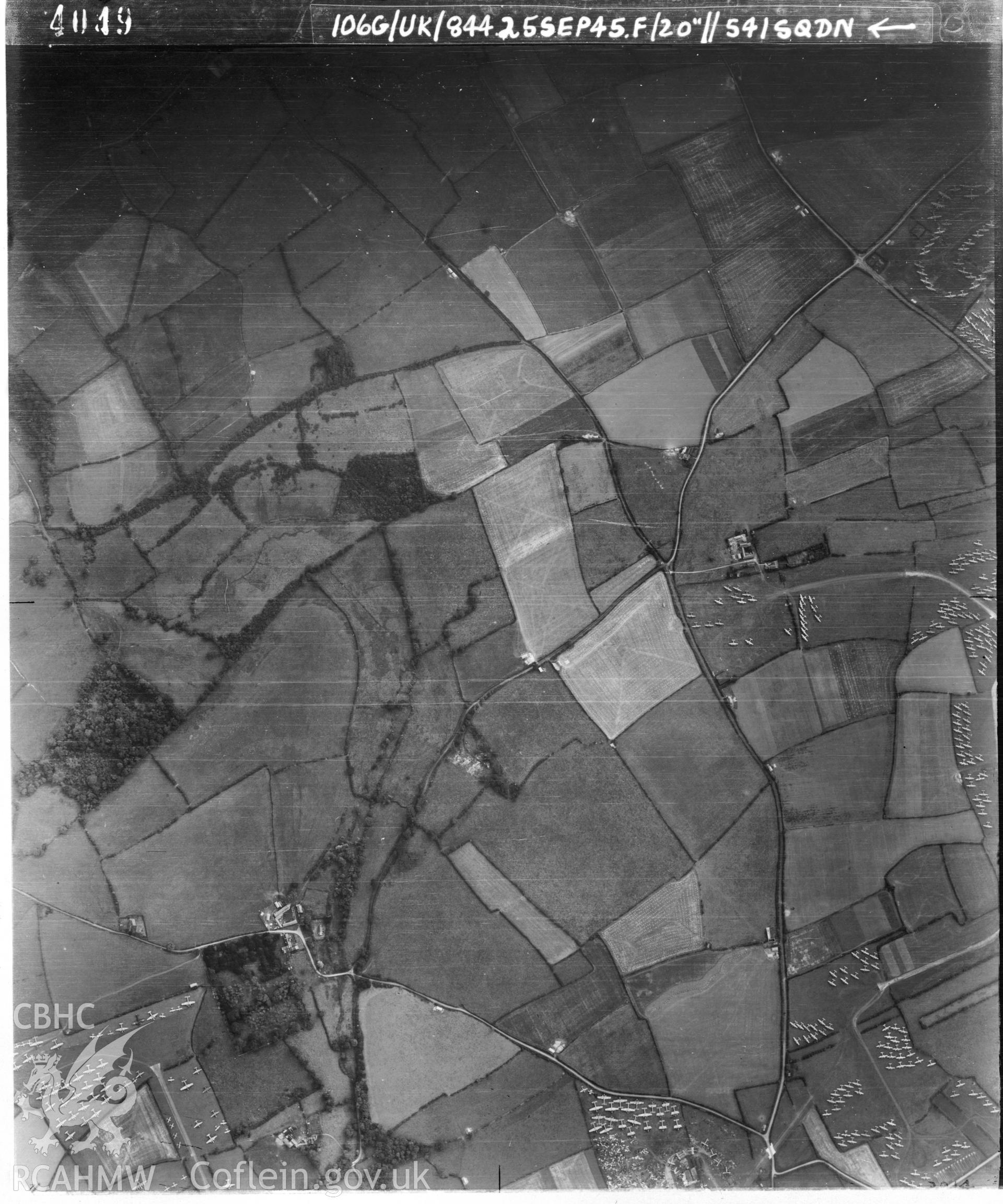 Black and white vertical aerial photograph taken by the RAF on 25/09/1945 centred on SS98757150 at a scale of 1:10000. The photograph includes part of Llandow community in The Vale of Glamorgan.